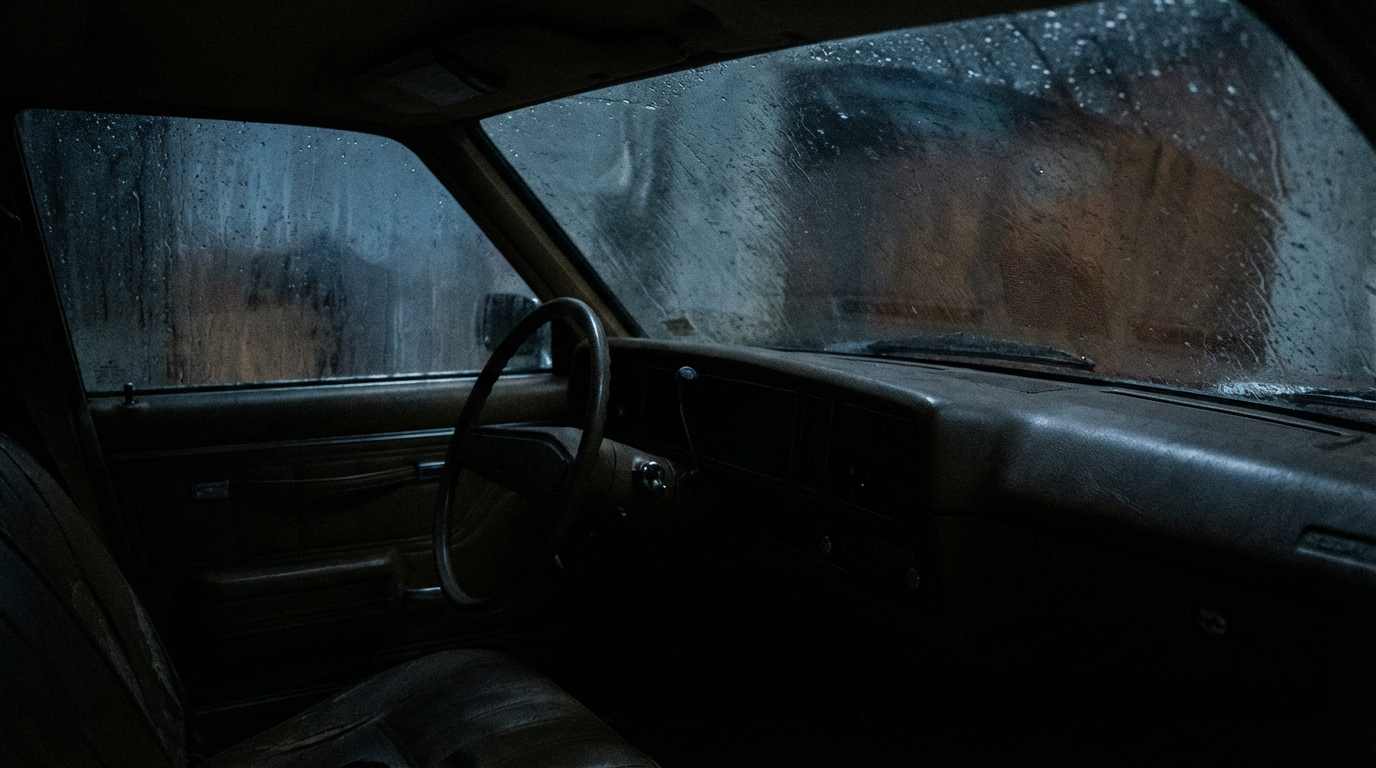 AI generated image using NANO_BANANA_PRO: Interior view from inside a parked car at night. The viewer is seated inside the...