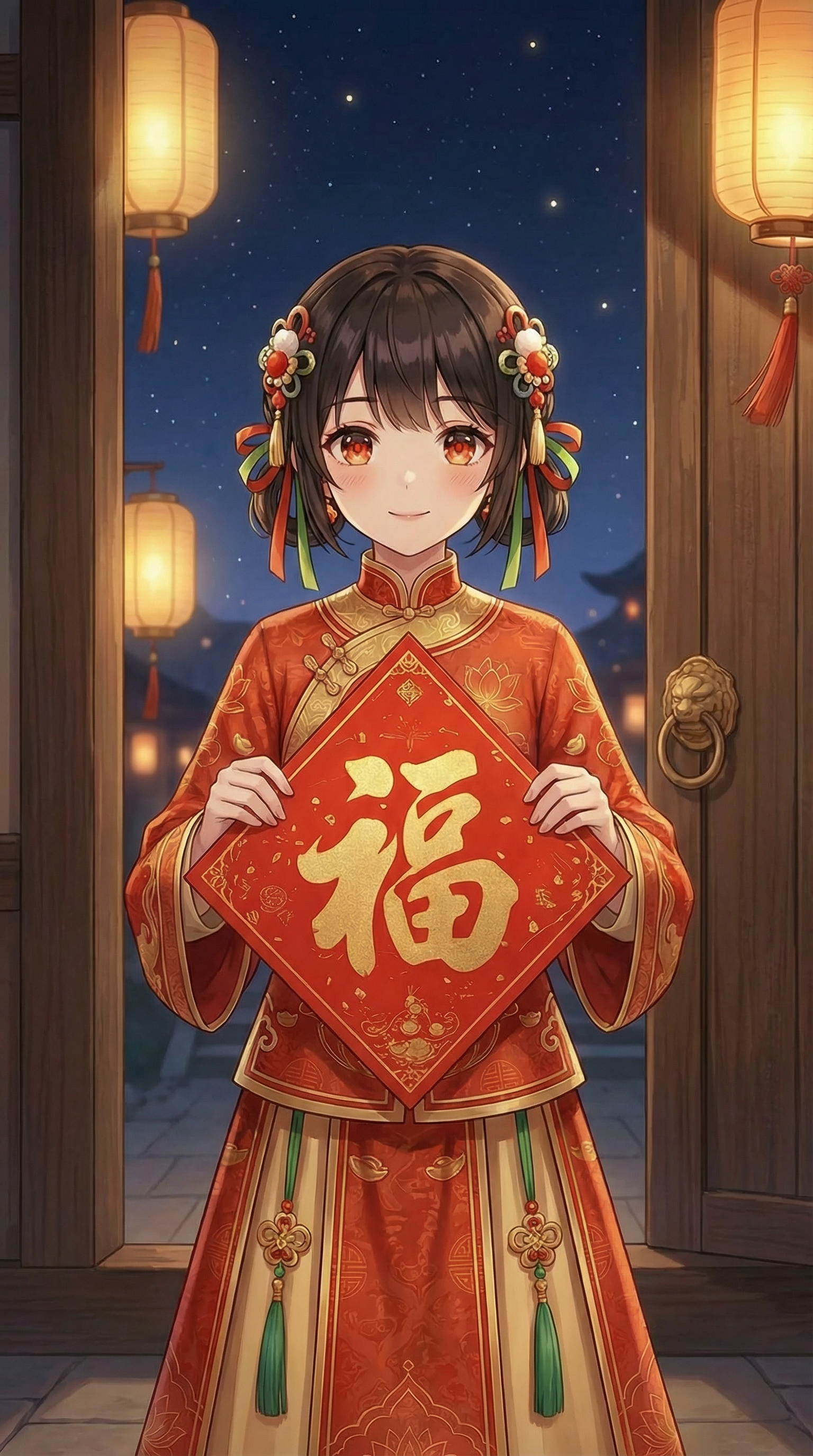 AI generated image using NANO_BANANA_PRO: Front view, not side profile. A little girl is holding a 'Fu' character window p...