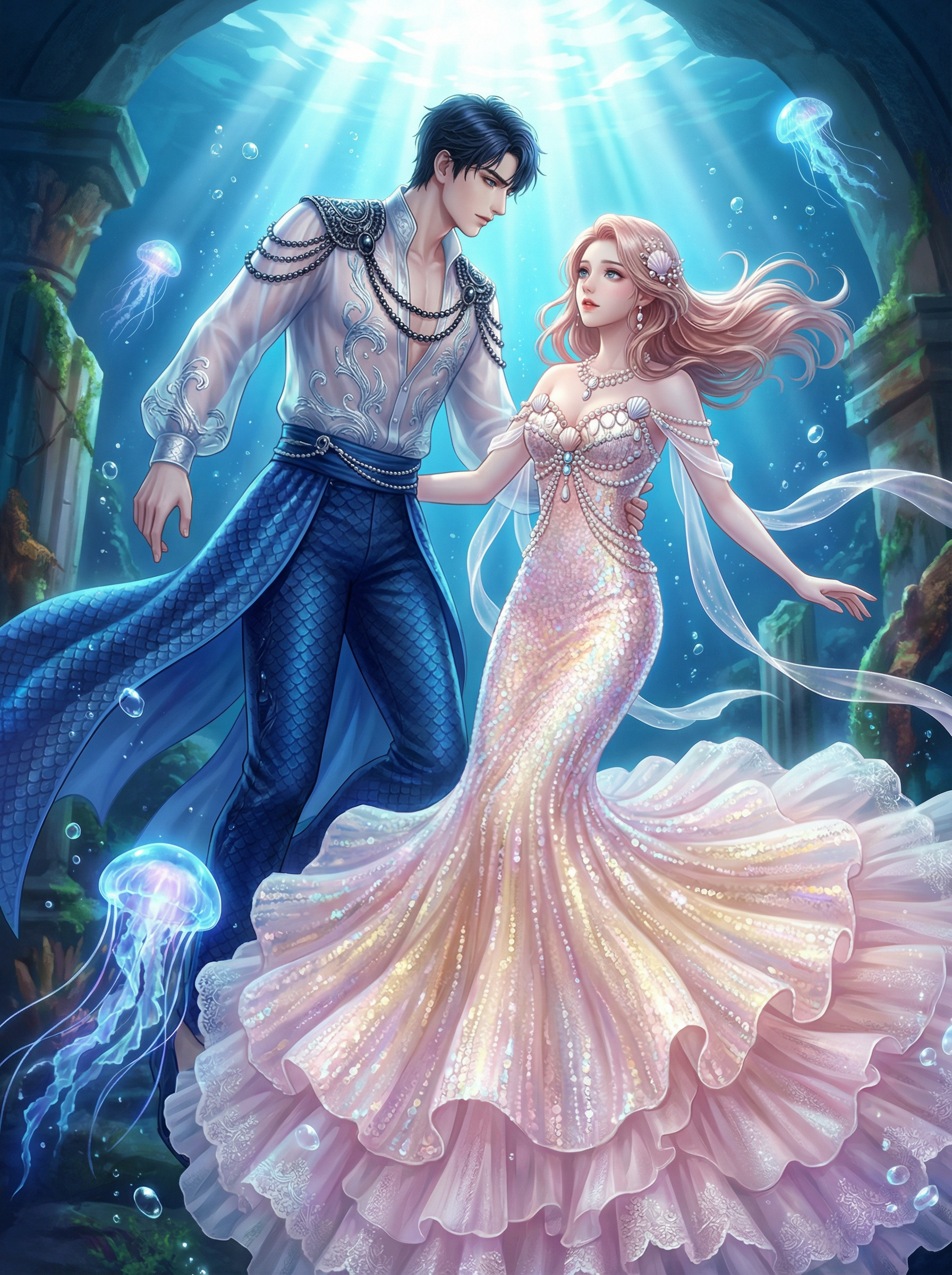 AI generated image using NANO_BANANA_PRO: Otome game CG illustration, extremely gorgeous and luxurious. A couple performs ...