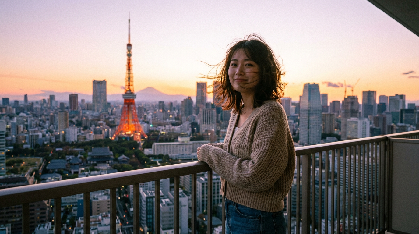 AI generated image using NANO_BANANA_PRO: A beautiful 20-year-old Japanese woman standing on a balcony with the Tokyo city...