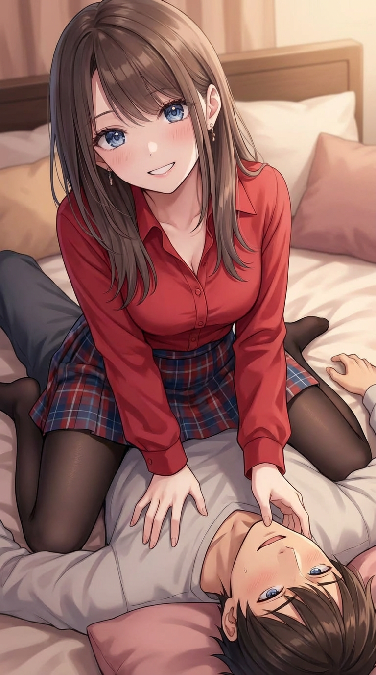 AI generated image using NANO_BANANA_PRO: She laid him down on the bed, her gaze full of enjoyment, as her hands moved to ...