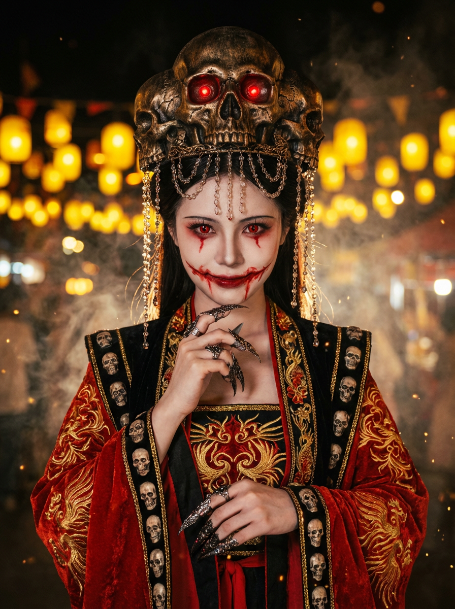 AI generated image using NANO_BANANA_PRO: Subject: A pale-skinned, sinister girl with blood-red vertical slit pupils and a...