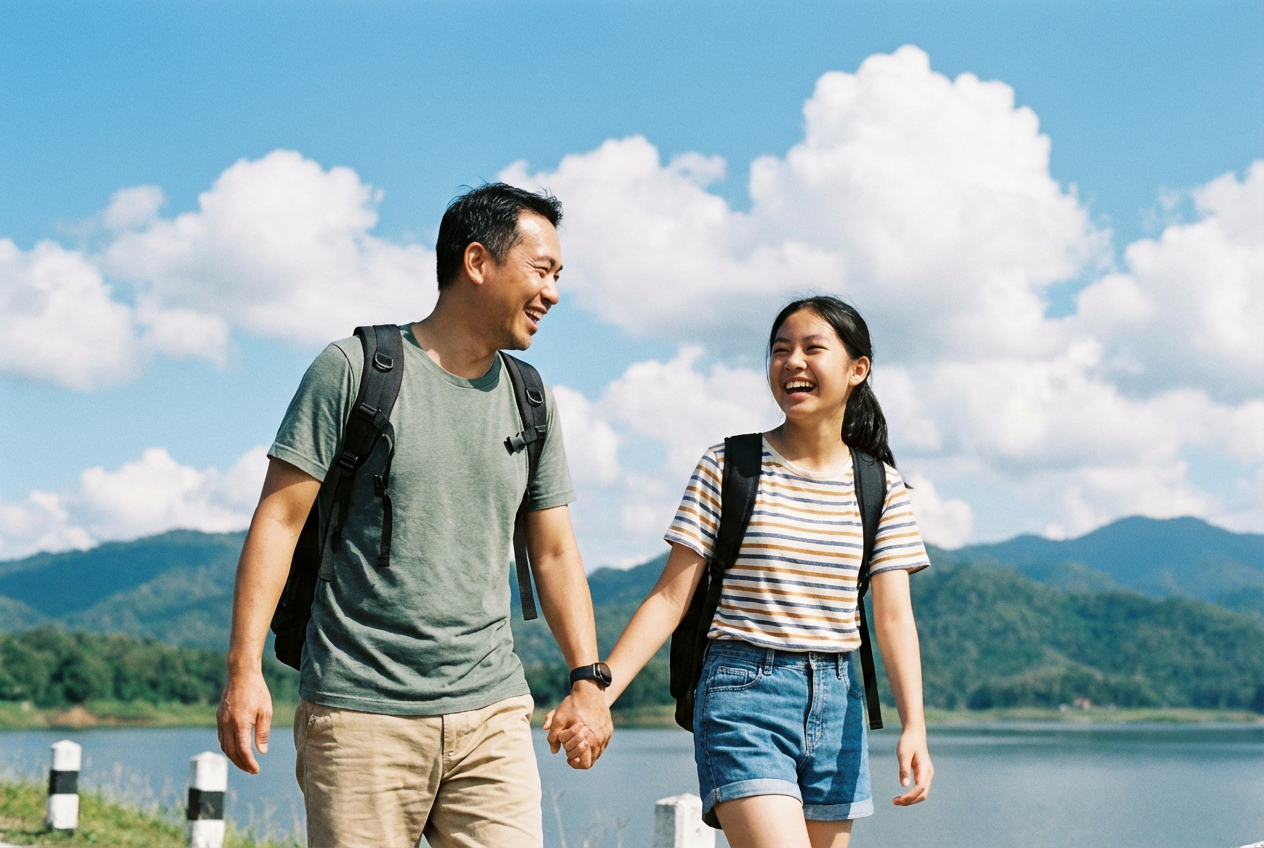 AI generated image using NANO_BANANA_PRO: A man in his 40s and his 15-year-old daughter are traveling together, holding ha...