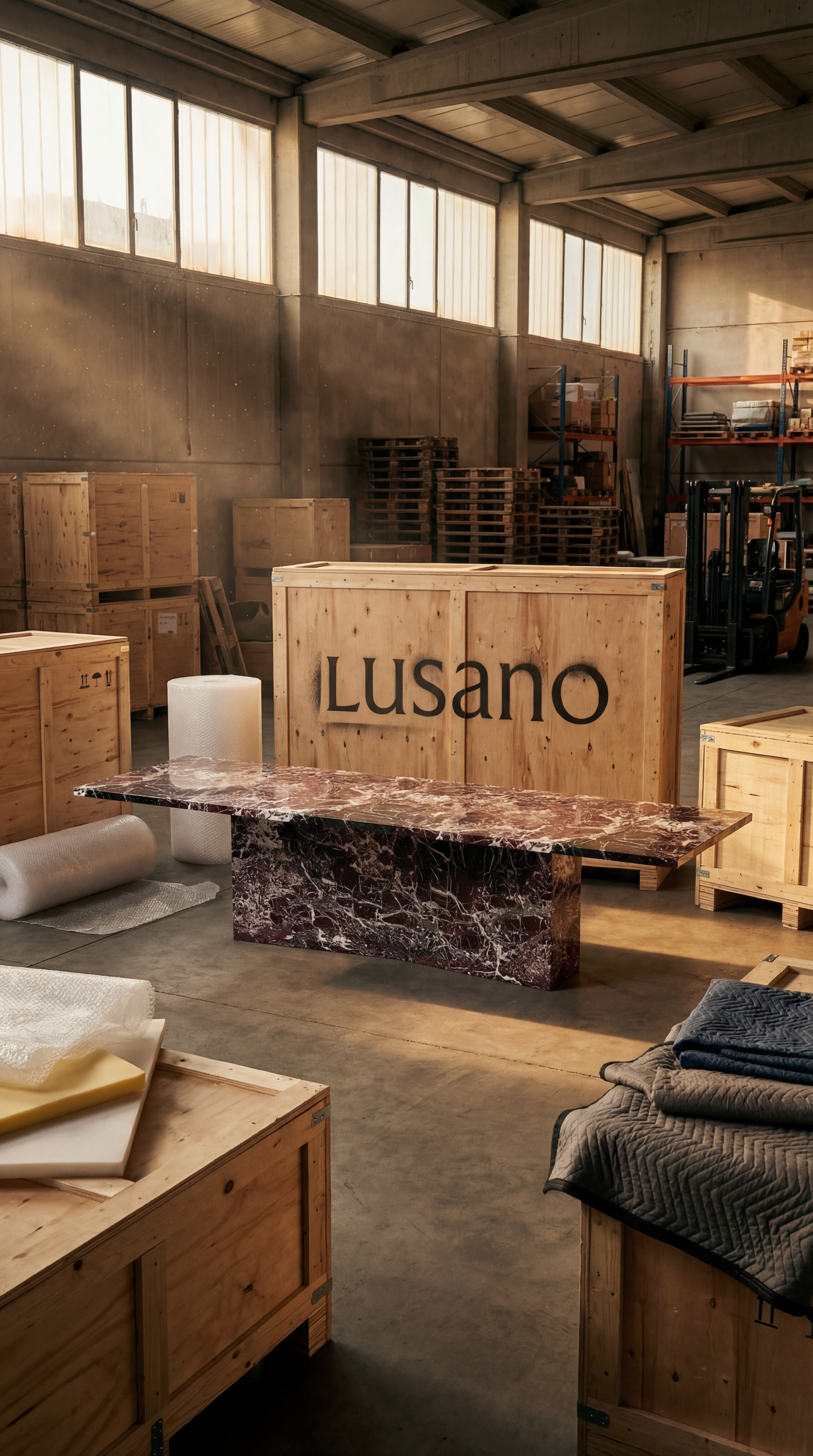 AI generated image using NANO_BANANA_PRO: Could you please help place this dining table in a warehouse with crates behind ...