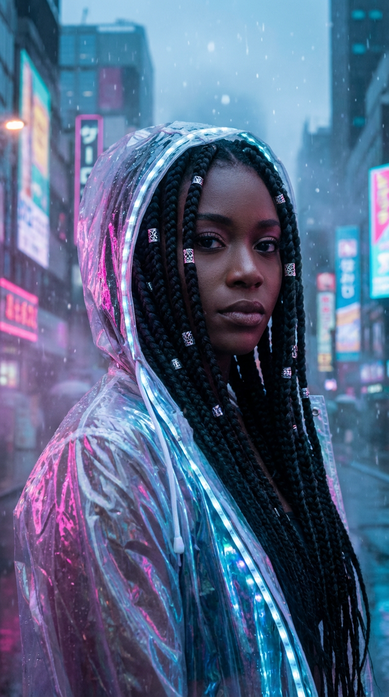AI generated image using NANO_BANANA_PRO: Futuristic fashion portrait of a Black woman with long intricate box braids acce...