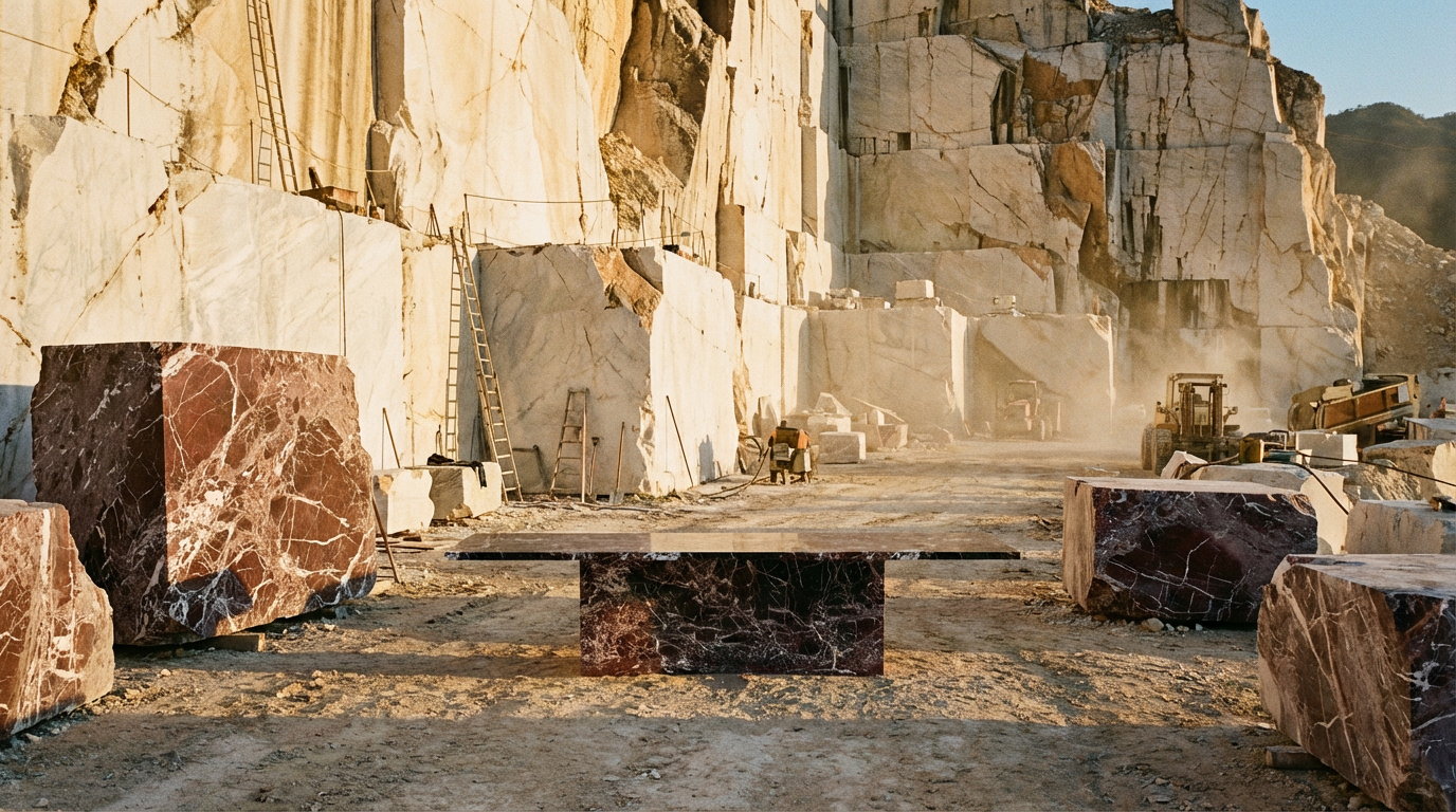 AI generated image using NANO_BANANA_PRO: Could you please place this dining table in a stone quarry in Italy, the locatio...