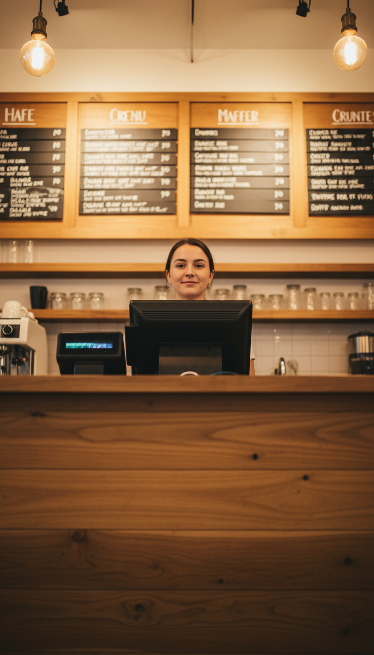 AI generated image using NANO_BANANA: A first-person perspective (POV) standing directly in front of a cafe counter at...