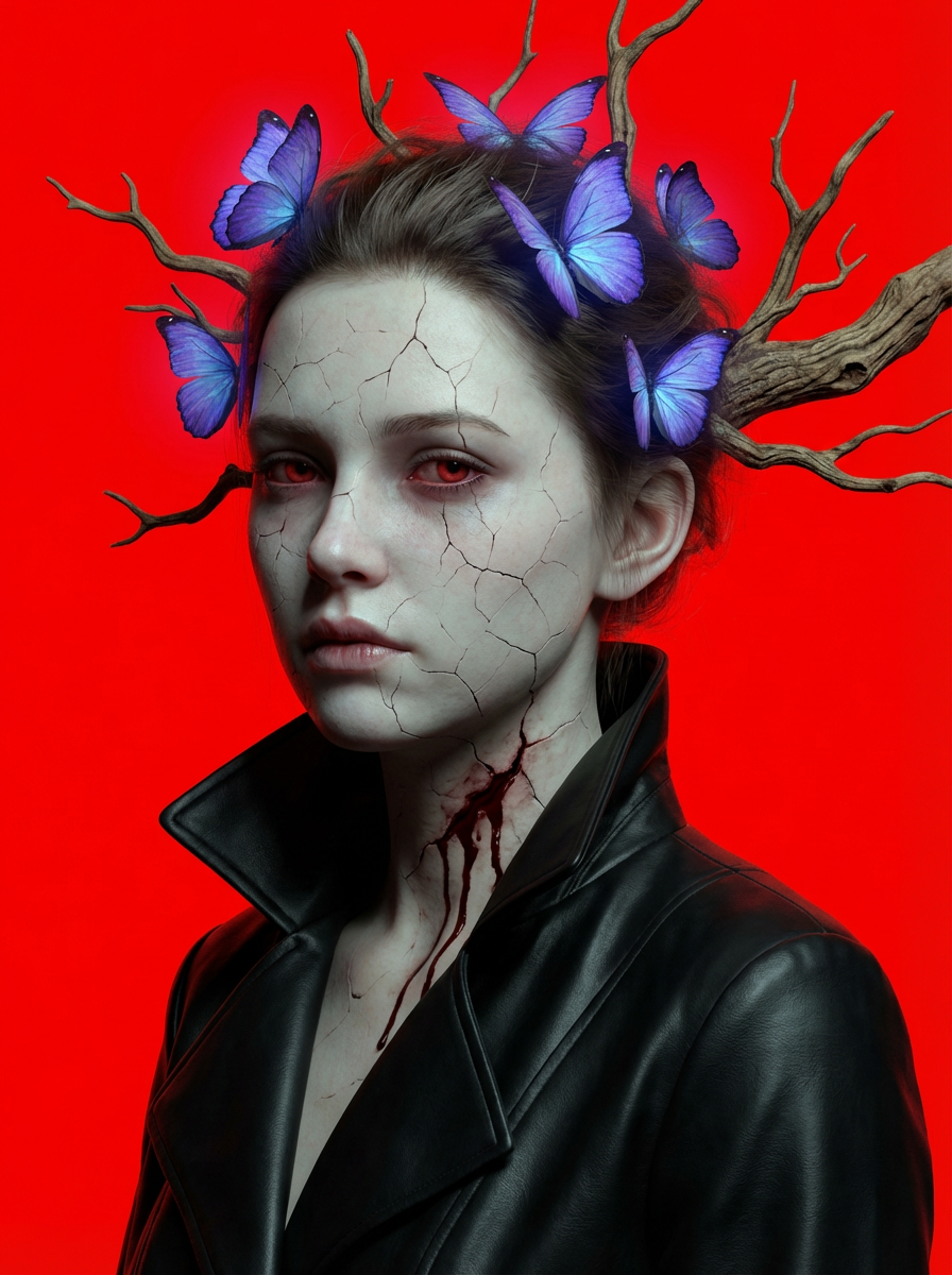 AI generated image using NANO_BANANA_PRO: Subject: A pale, sickly girl with crimson pupils reflecting a cold sorrow. Her f...