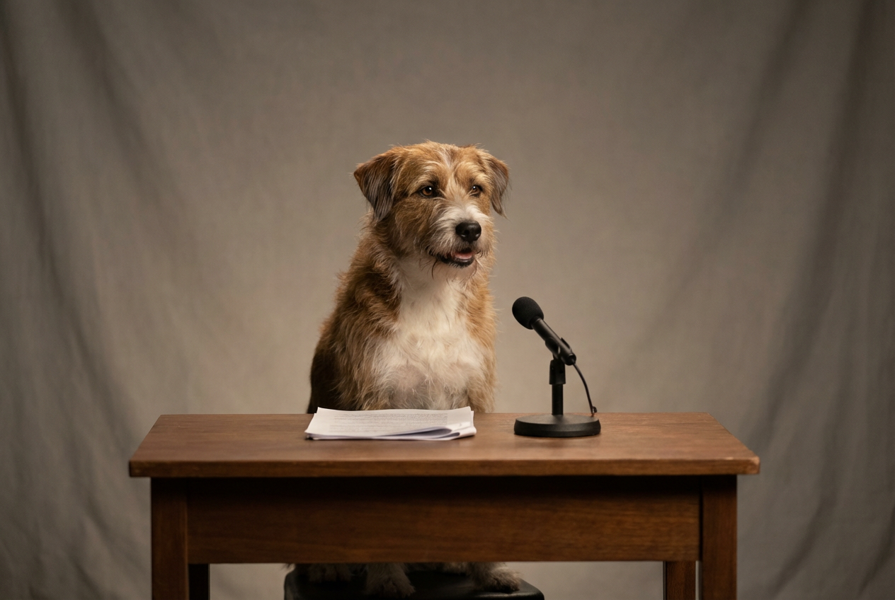 AI generated image using NANO_BANANA_PRO: A calm, professional AI-generated dog character sitting behind a simple desk in ...