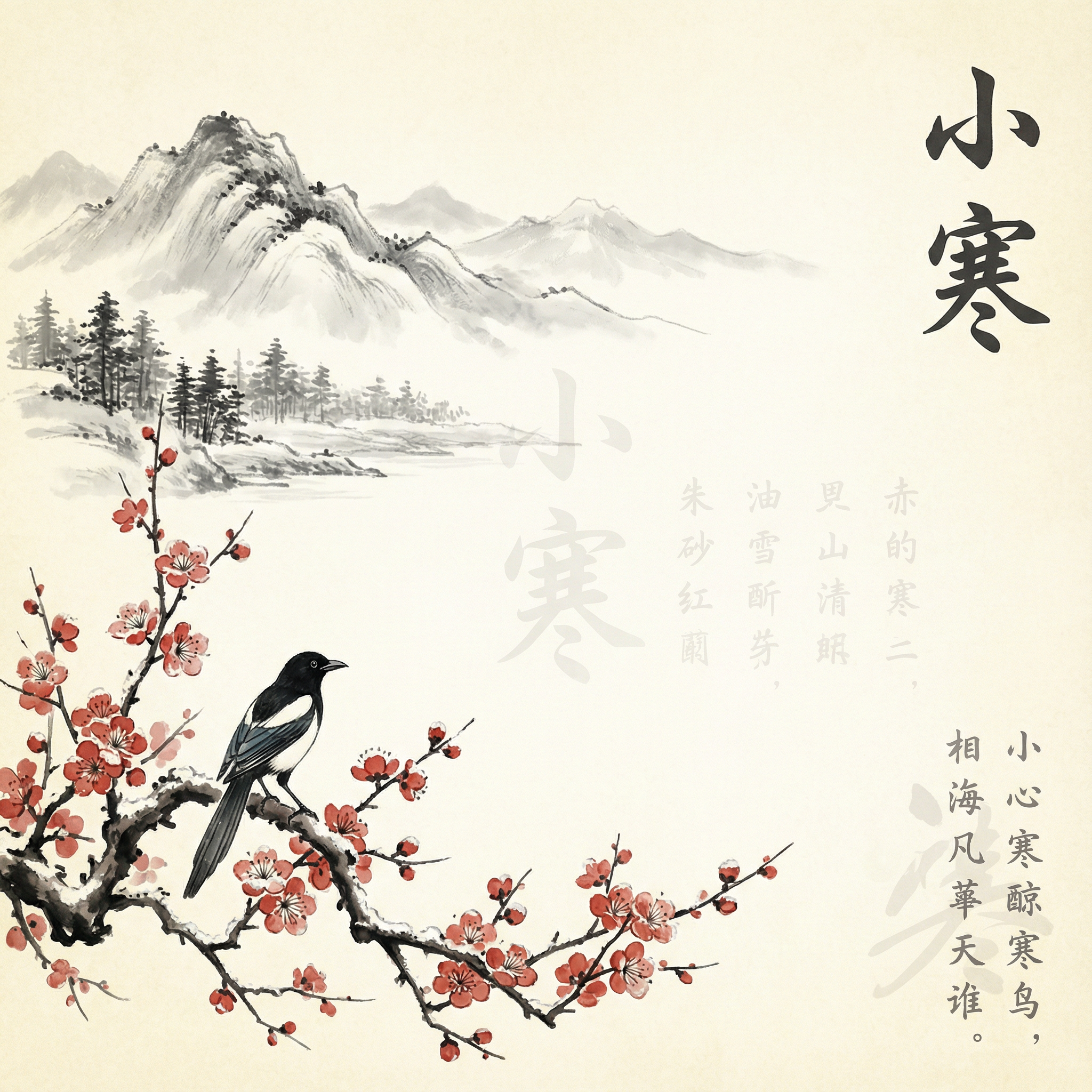 AI generated image using NANO_BANANA_PRO: Chinese ink wash painting, Minor Cold solar term. Distant snow-capped mountains ...