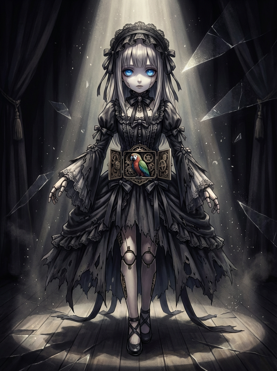 AI generated image using NANO_BANANA_PRO: 日式动漫风格插画,舞台上一位哥特式人偶般的少女,身着华丽却略显陈旧的黑色哥特式长裙,蕾丝和缎带点缀其间,优雅而略带岁月痕迹,关节精细如机械人偶,动作流畅无声,肤...