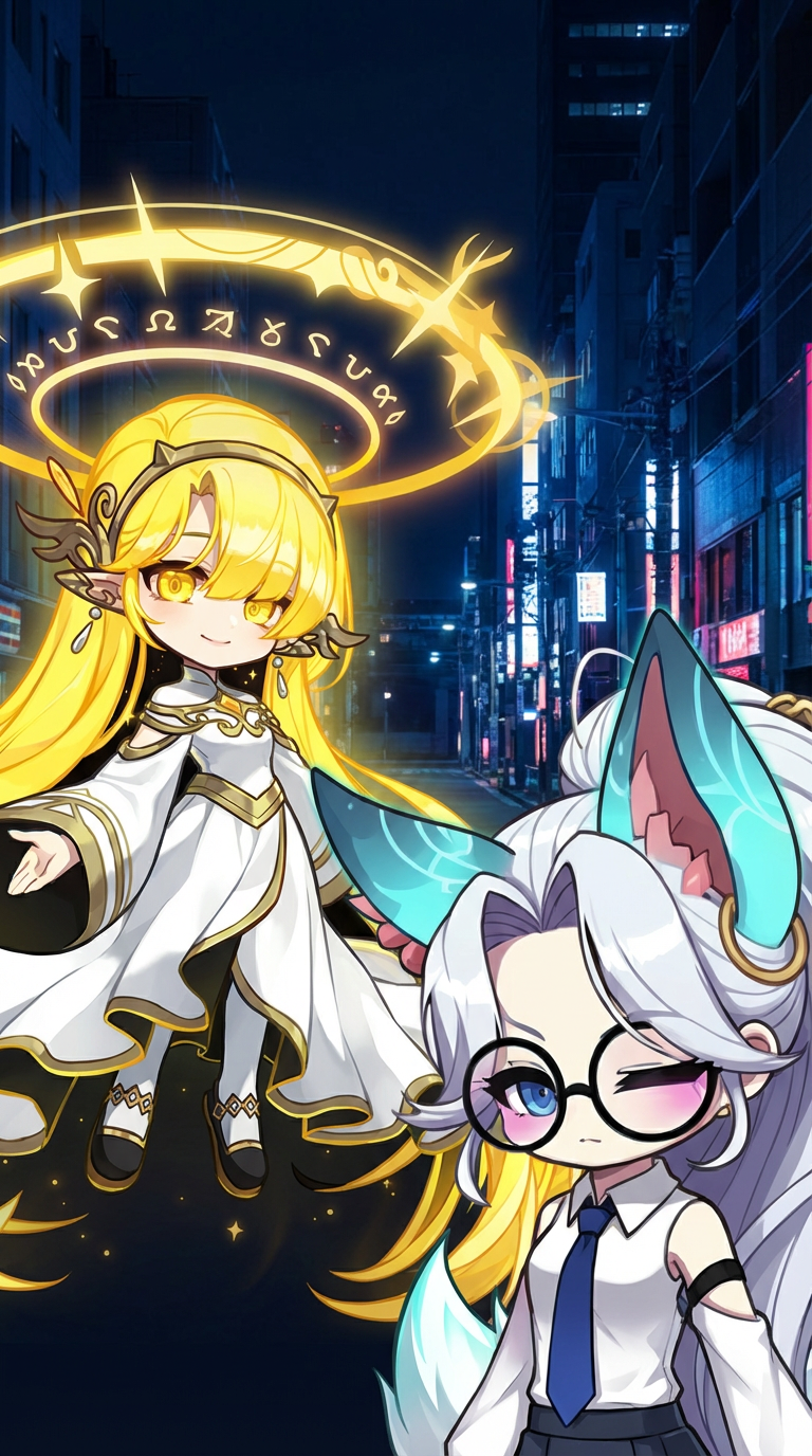 AI generated image using NANO_BANANA_PRO: Based on the third image, composite the first character on the right and the sec...