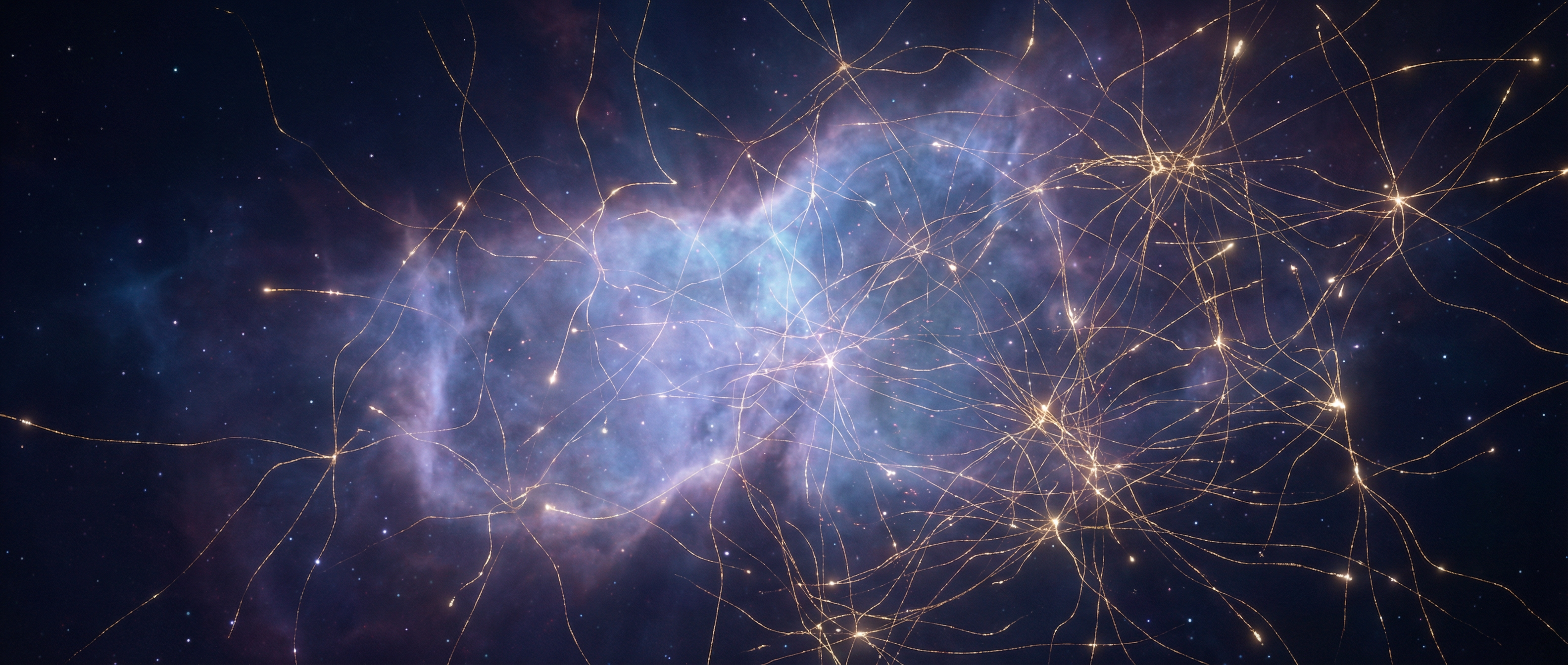 AI generated image using NANO_BANANA_PRO: A deep cosmic nebula emitting a soft blue and purple glow, with countless slende...