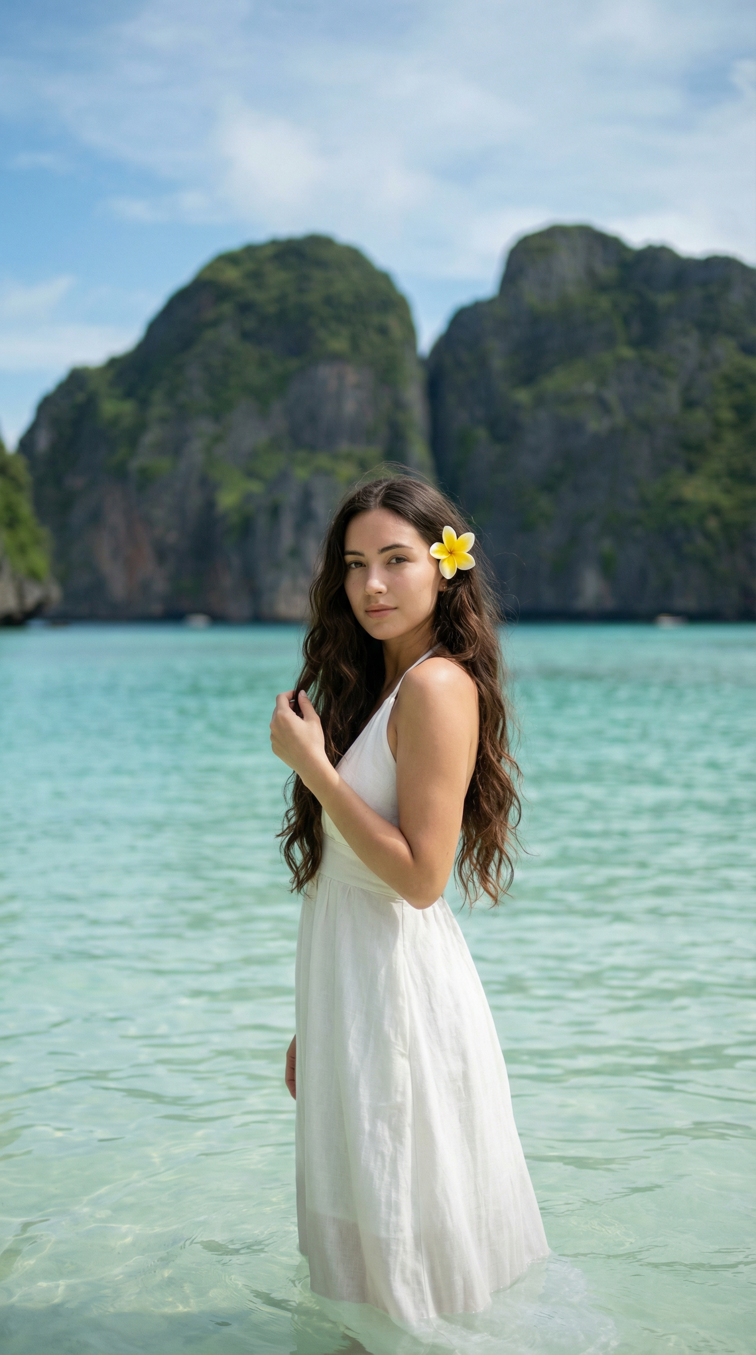 AI generated image using NANO_BANANA_PRO: A cinematic tropical beach portrait of a young woman standing in shallow crystal...