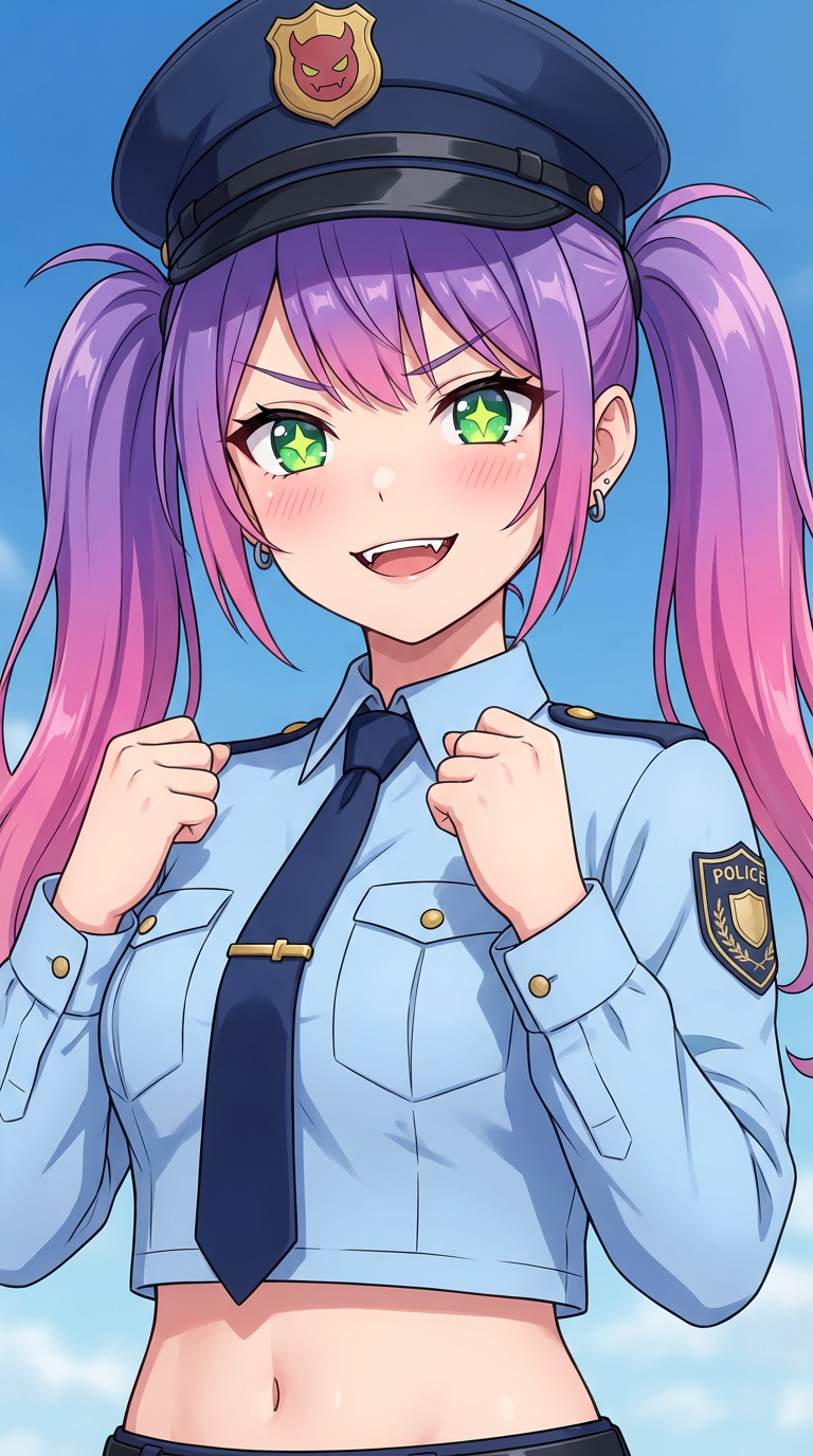 AI generated image using NANO_BANANA_PRO: メインキャラクター：紫からピンクへのグラデーションがかったツインポニーテール、明るい緑色の星のような瞳、わずかに露出した牙、バラ色の頬、そしていたずらっぽくも力...