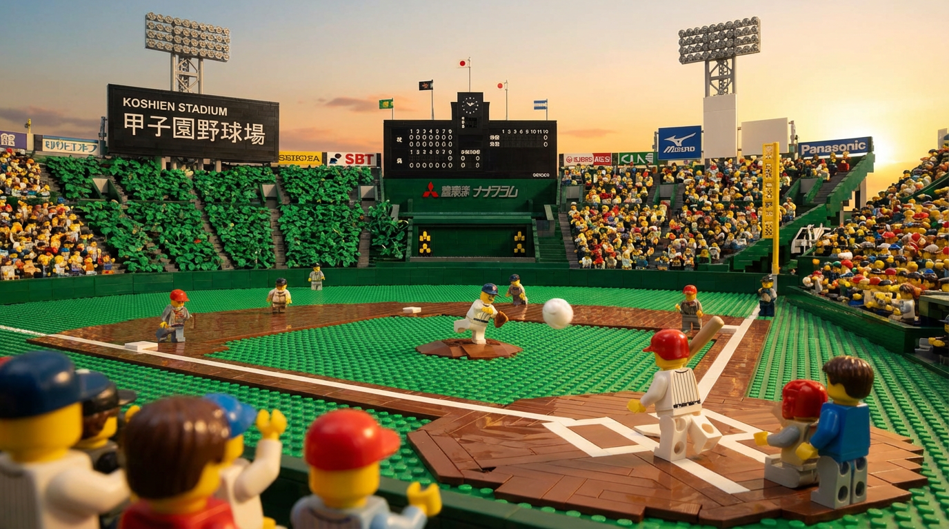 AI generated image using NANO_BANANA_PRO: Lego blocks play baseball at Koshien.