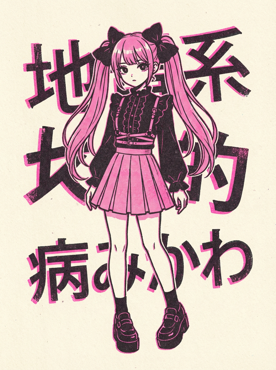 AI generated image using NANO_BANANA_PRO: A stylish Risograph print illustration of a Jirai Kei girl. She has twin tails w...