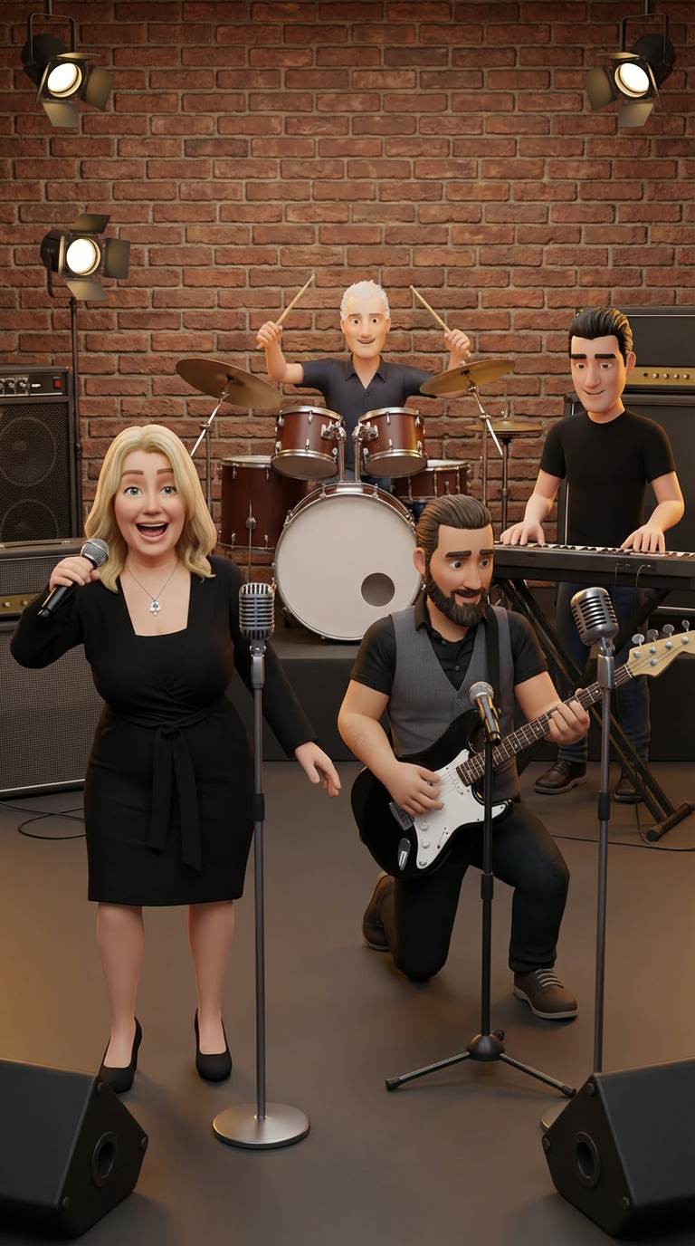 AI generated image using NANO_BANANA_PRO: I want the ladies to be singing into microphones without guitars, while the man ...