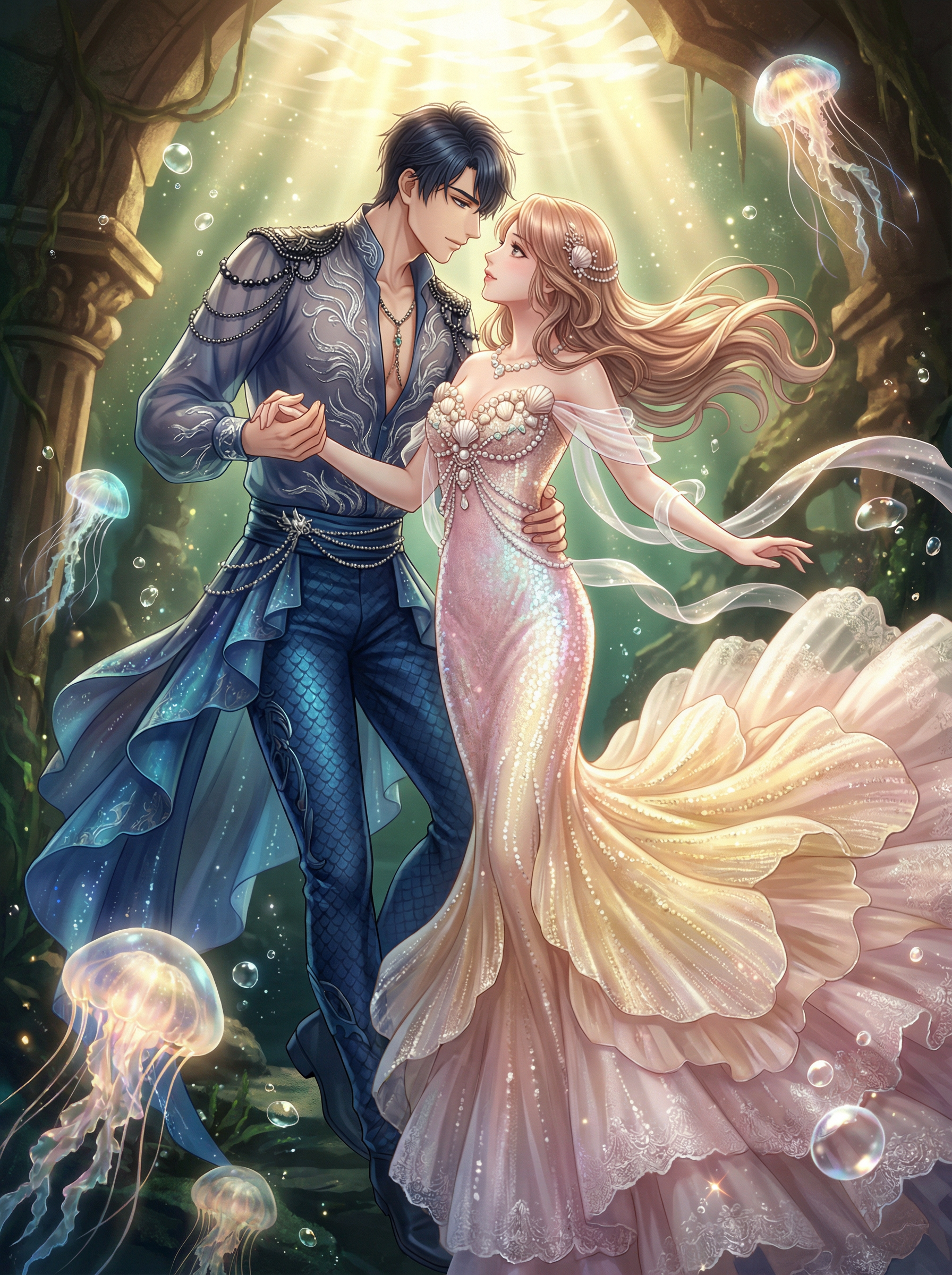 AI generated image using NANO_BANANA_PRO: Otome game CG illustration, utterly gorgeous and luxurious. A couple is dancing ...