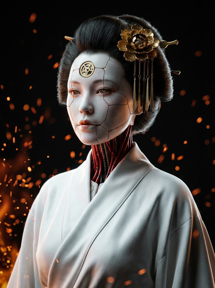 AI generated image using NANO_BANANA_PRO: Subject: Bionic mechanical geisha, porcelain prosthetic face with precise assemb...