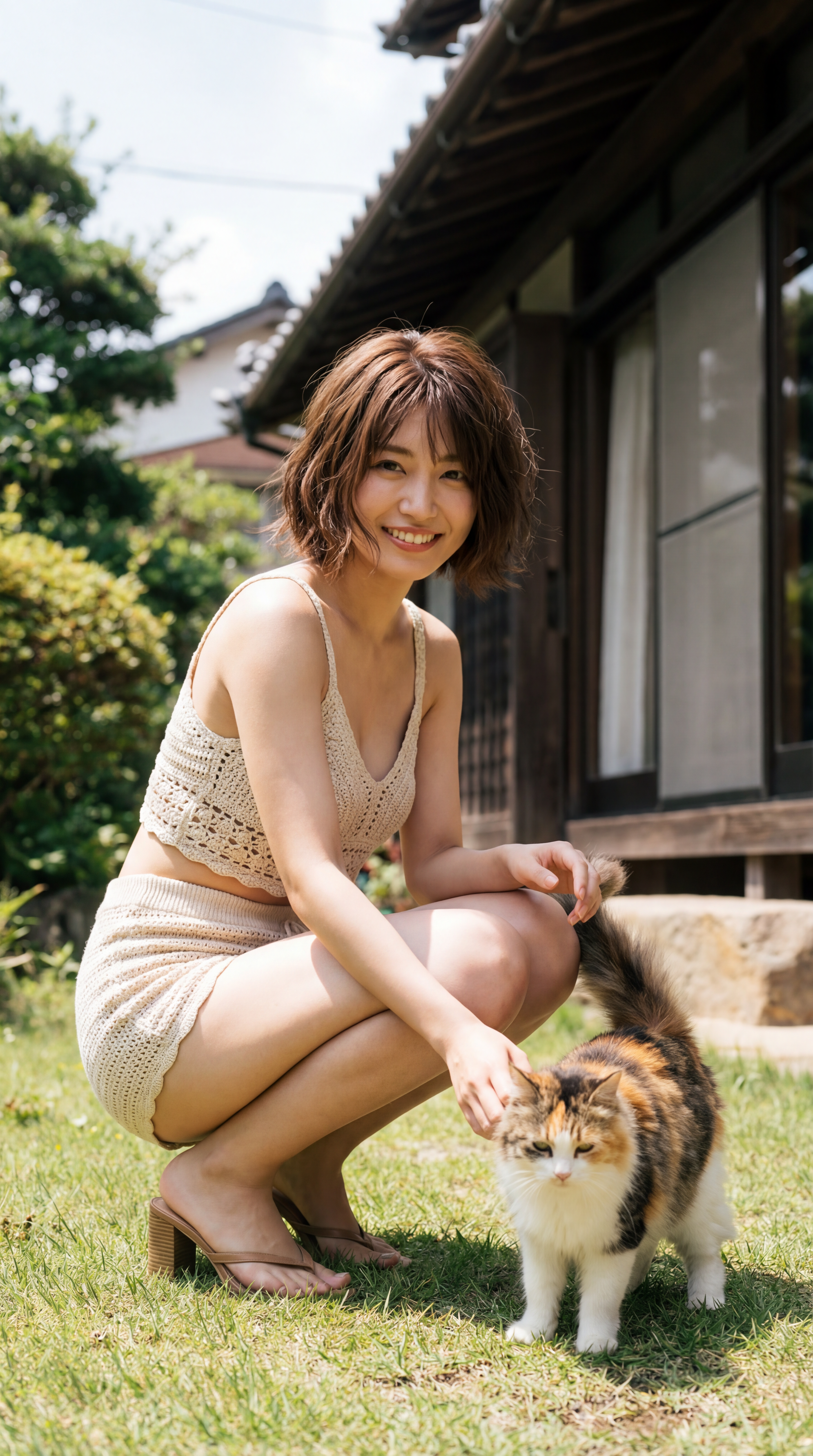 AI generated image using NANO_BANANA_PRO: Japanese woman, 20 years old, short brown bob hair, 165 cm tall, wearing reveali...