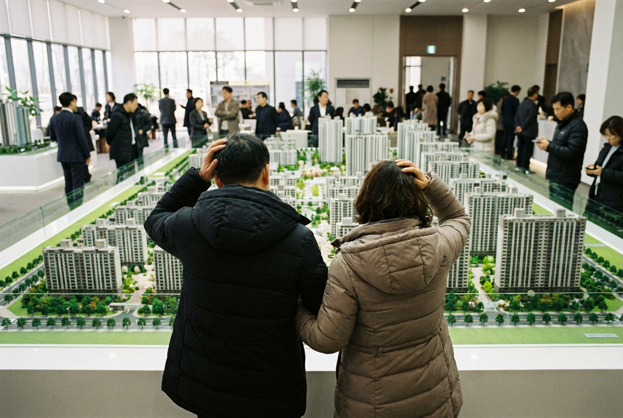 AI generated image using NANO_BANANA_PRO: A couple preparing to buy a house, their backs showing hesitation, looking at a ...