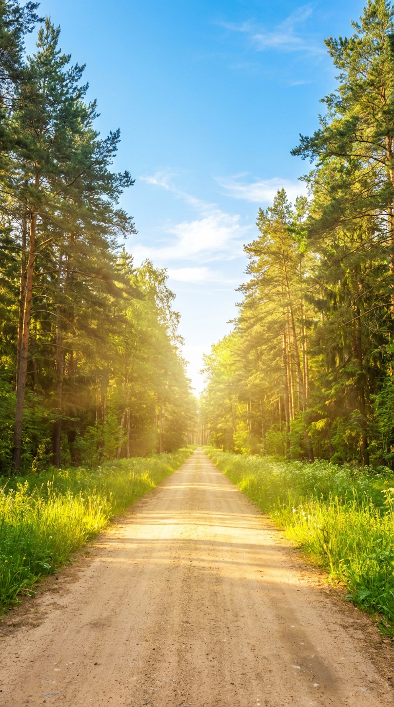 AI generated image using NANO_BANANA_PRO: An open forest path extends infinitely into the distance The morning sun shines ...