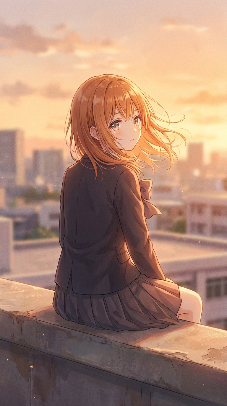 AI generated image using NANO_BANANA_PRO: Anime girl sitting on school rooftop at golden hour, wind blowing hair, soft ill...