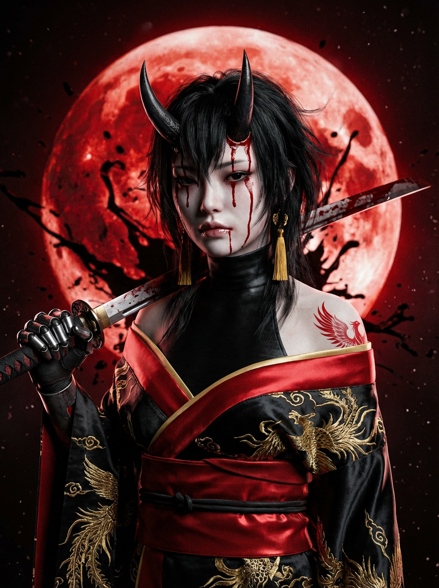 AI generated image using NANO_BANANA_PRO: Subject: A pale-skinned ghost girl with jet-black dual horns protruding from her...