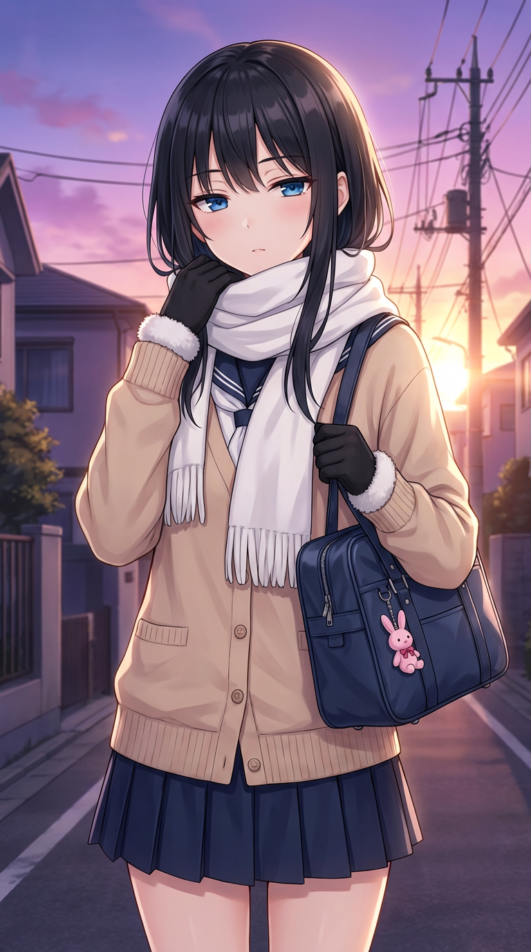 AI generated image using NANO_BANANA_PRO: Subject: A black-haired girl with deep cerulean eyes and slightly drooping eyeli...