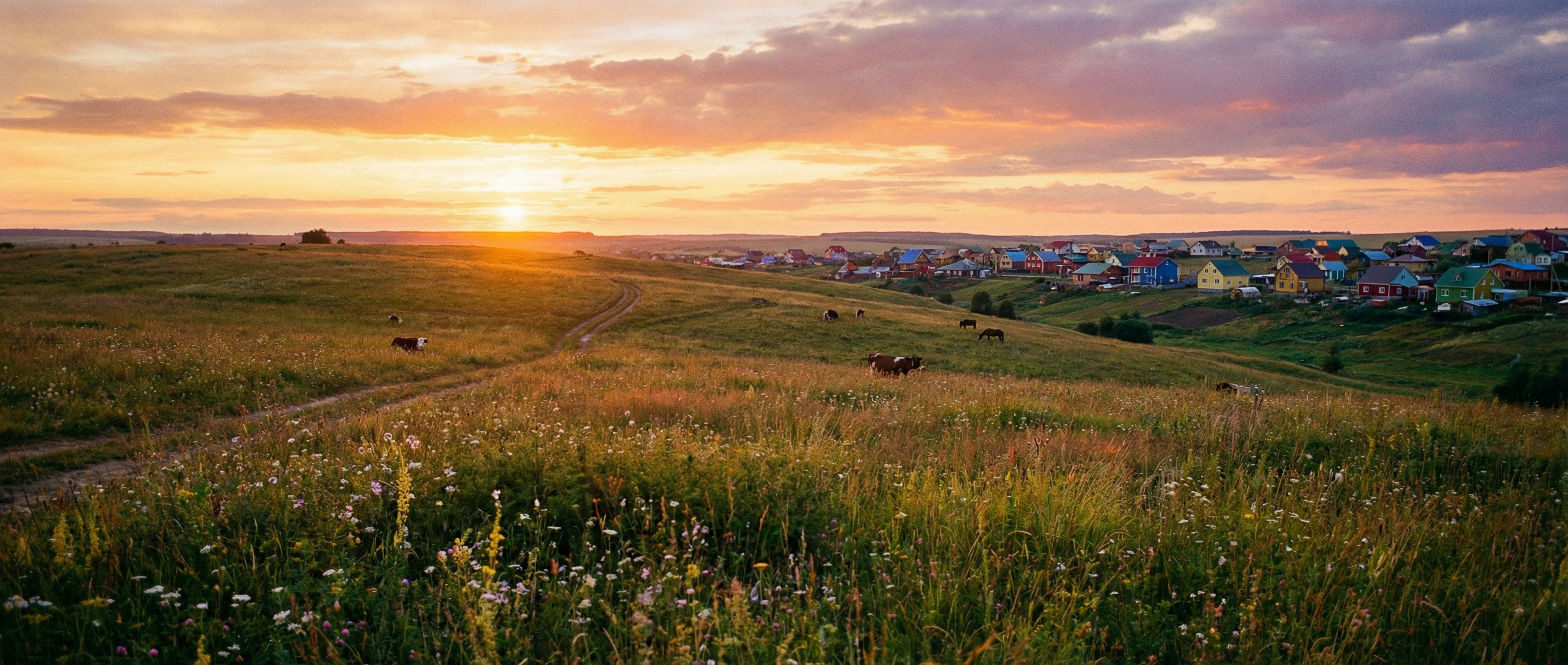 AI generated image using NANO_BANANA_PRO: A grassland hillside under the sunset. In the distance are colorful houses.