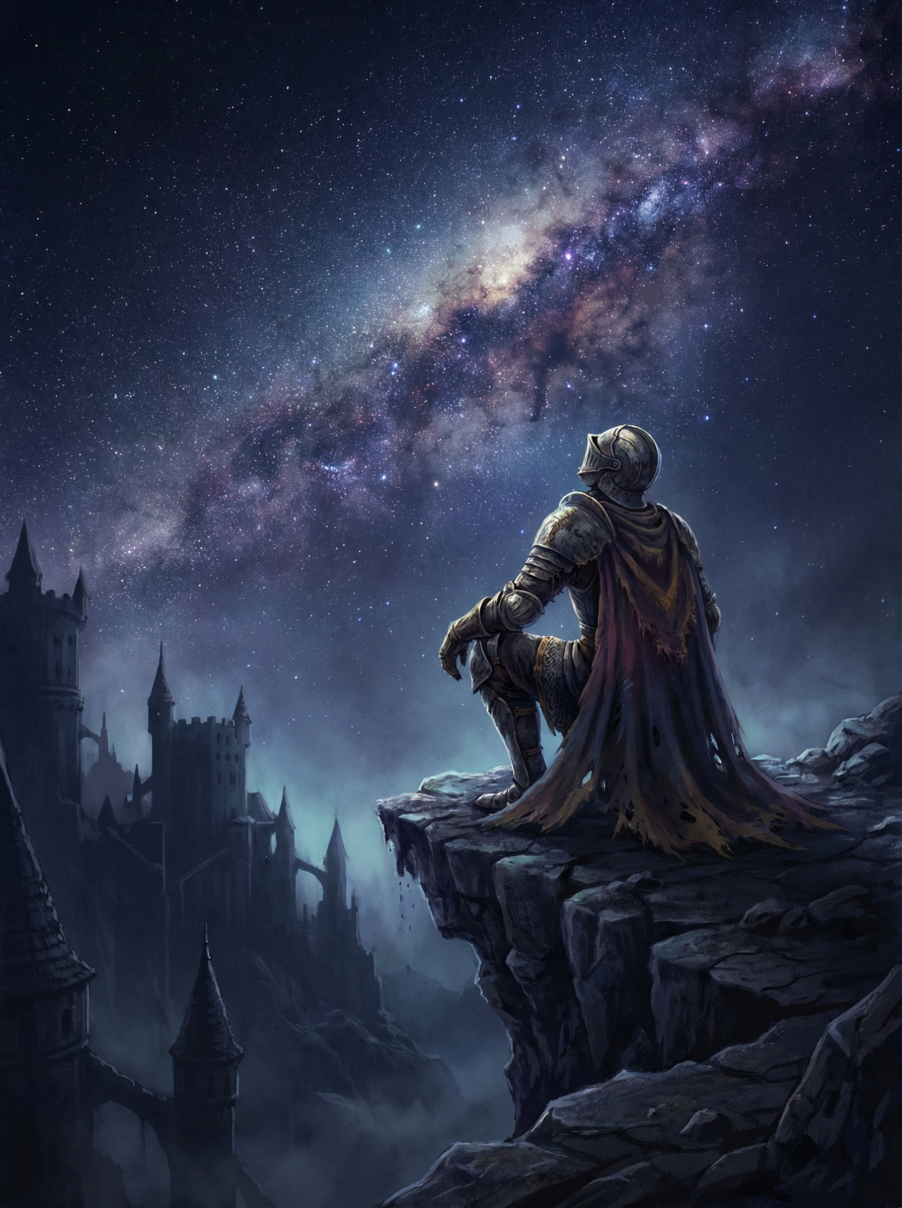 AI generated image using NANO_BANANA_PRO: A lone, weary knight, seen from behind, gazes up at an impossibly vast, shimmeri...