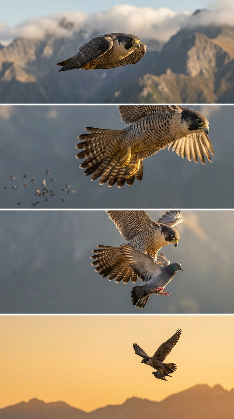 AI generated image using NANO_BANANA_PRO: Peregrine falcon diving at high speed to hunt prey, ultra realistic wildlife doc...