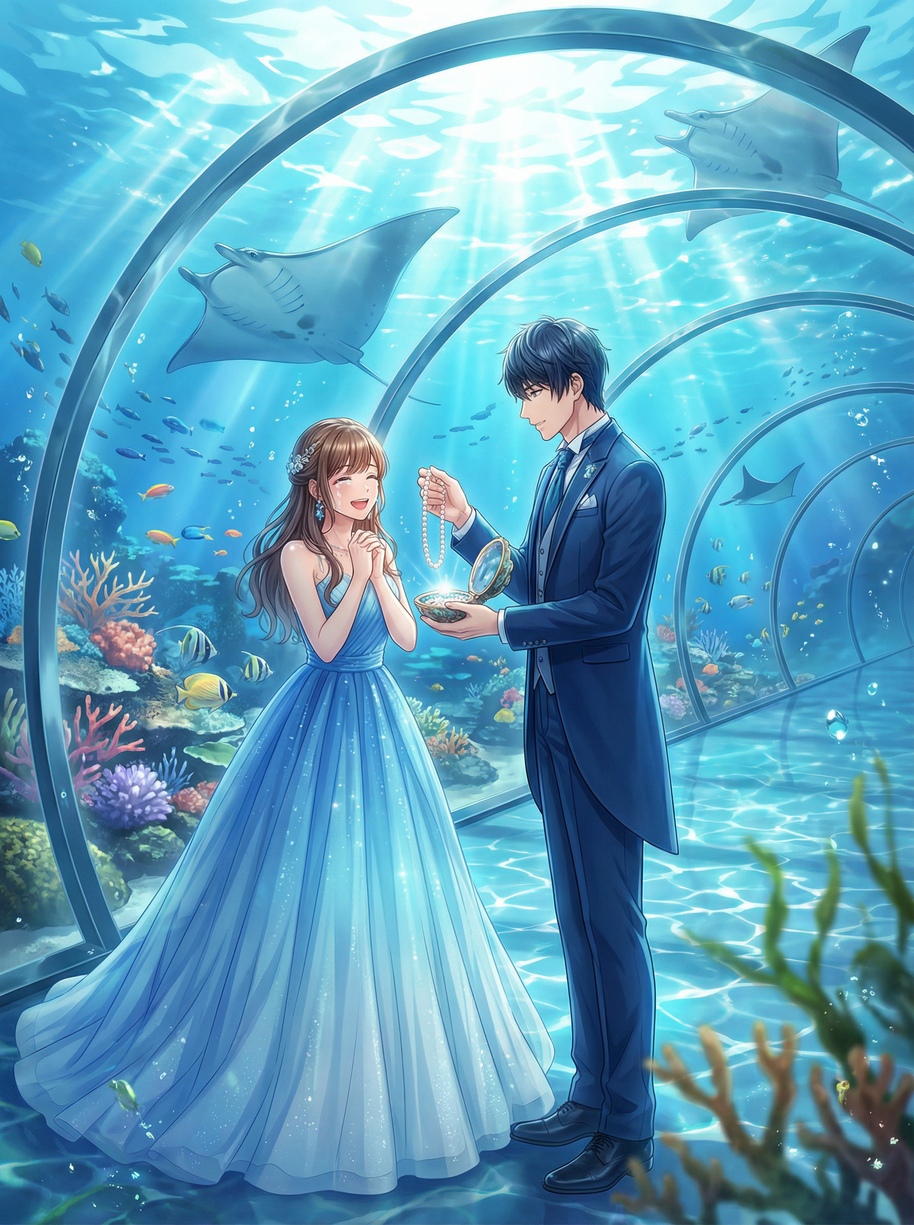 AI generated image using NANO_BANANA_PRO: Otome game CG illustration, exquisitely aesthetic, inside a massive underwater g...