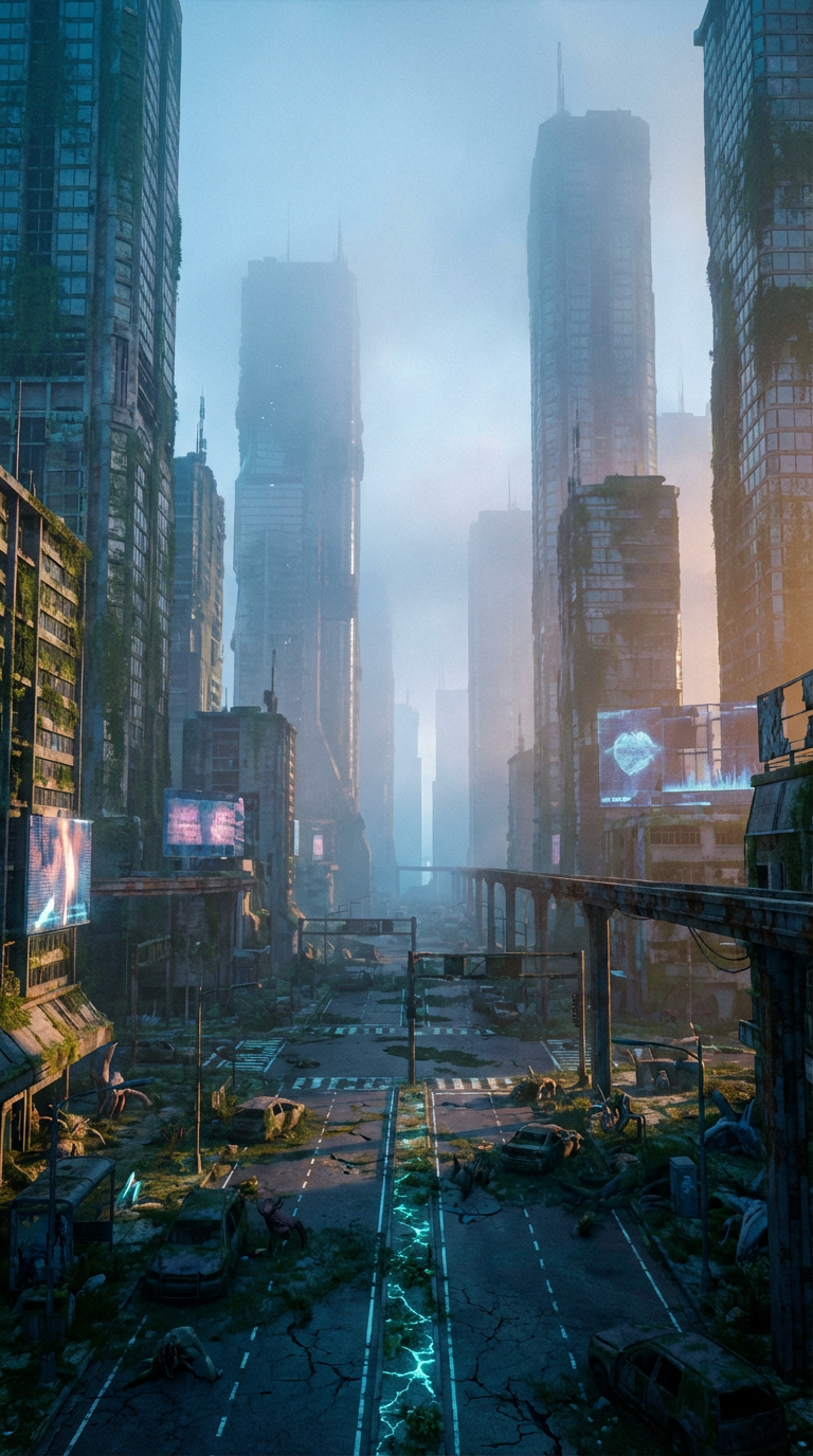 AI generated image using NANO_BANANA_PRO: Wide cinematic shot of an abandoned futuristic city at dawn, empty streets, towe...