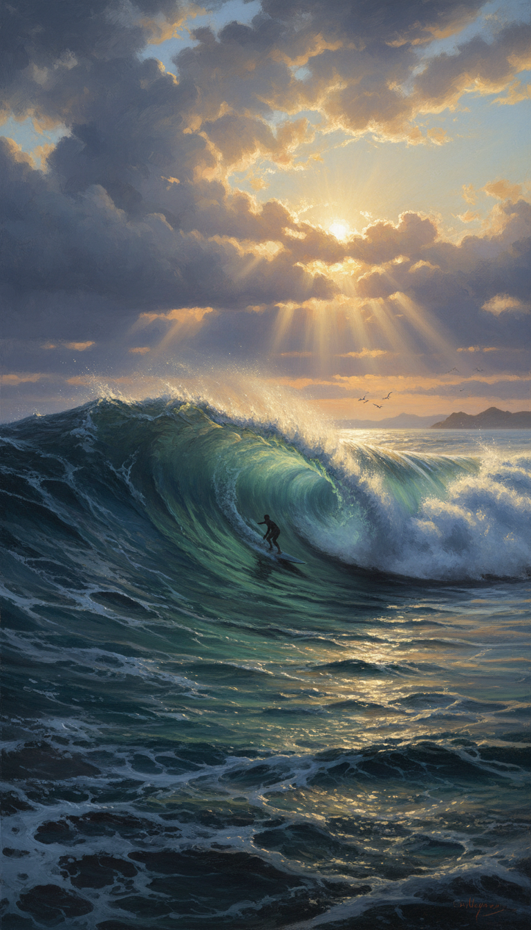 AI generated image using NANO_BANANA: Hudson River School painting aesthetic, lone surfer riding massive wave at golde...