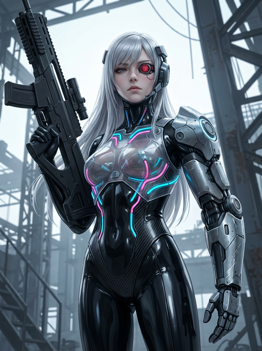 AI generated image using NANO_BANANA_PRO: Subject: Cyber-anthropomorphic anime female, silver shoulder-length hair, cold a...
