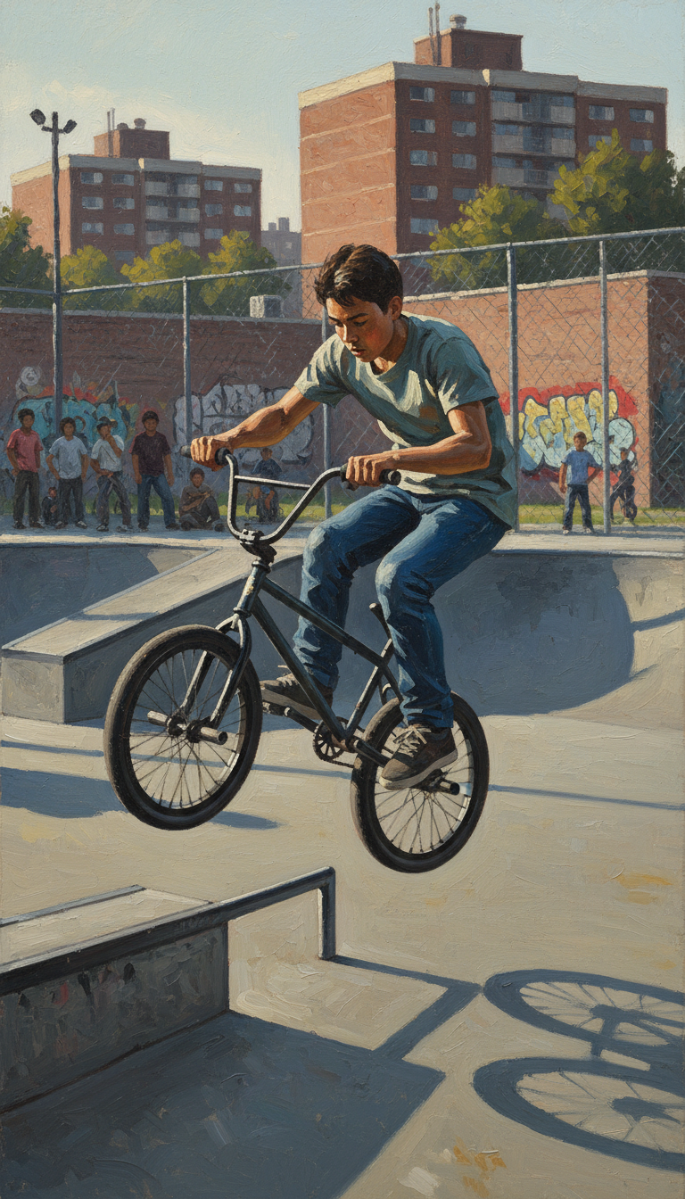 AI generated image using NANO_BANANA: Social Realism art style, BMX rider performing tailwhip at urban skatepark, work...