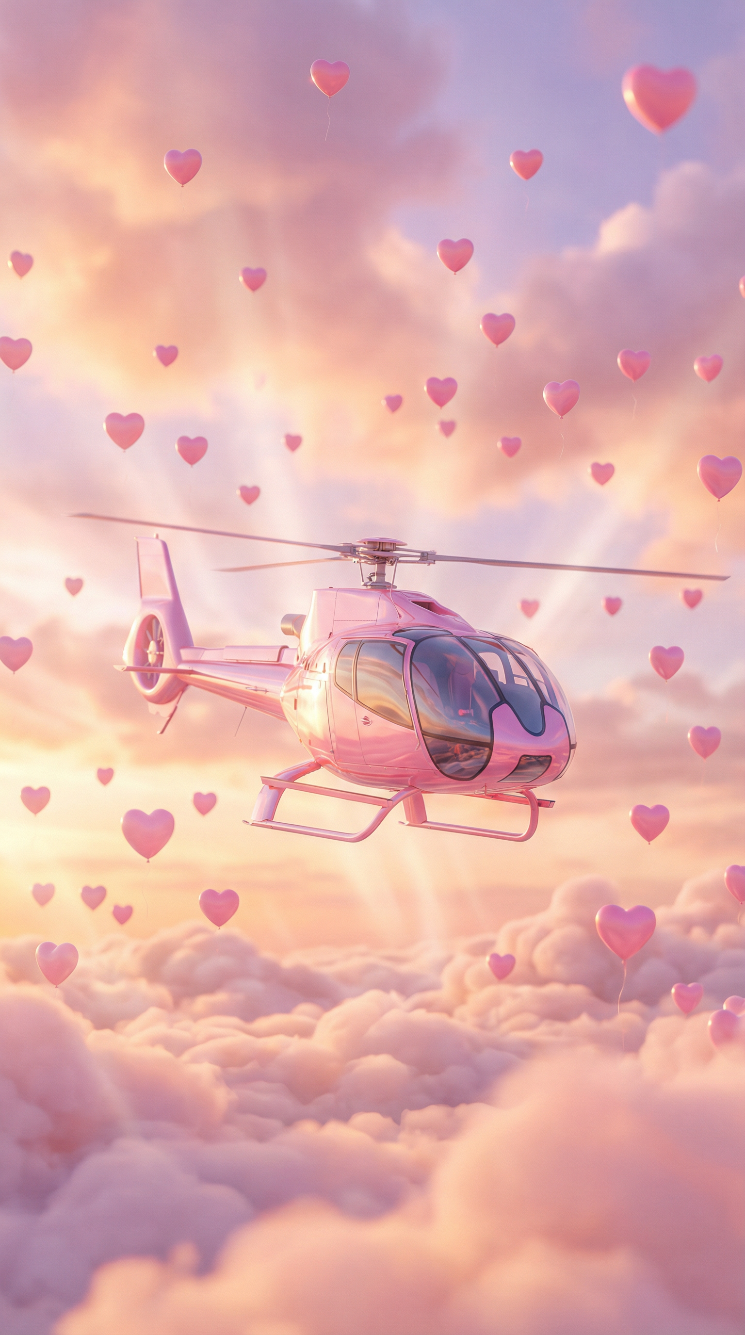 AI generated image using NANO_BANANA_PRO: A dreamy, pastel fantasy scene of a glossy pink helicopter flying through soft c...