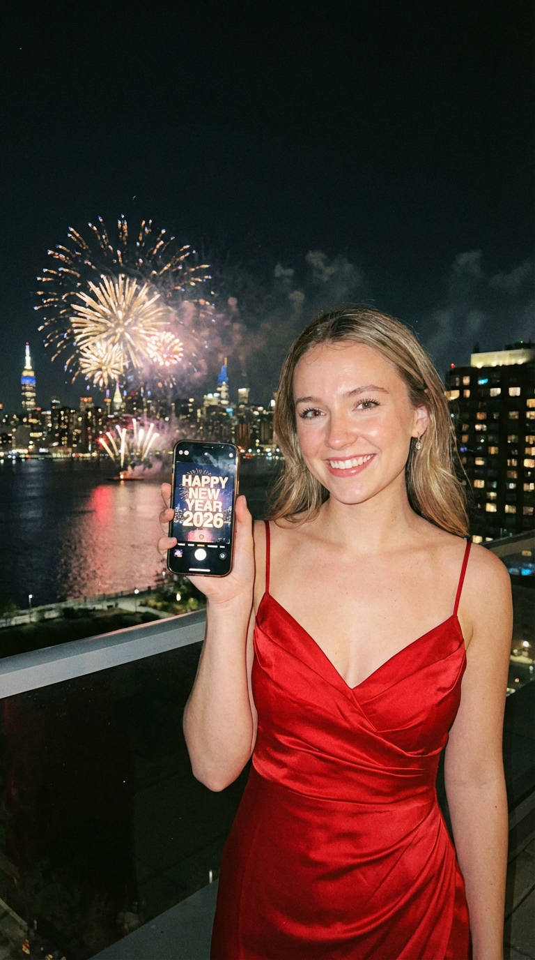 AI generated image using NANO_BANANA_PRO: A young Caucasian woman wearing a red evening gown, holding a smartphone in her ...