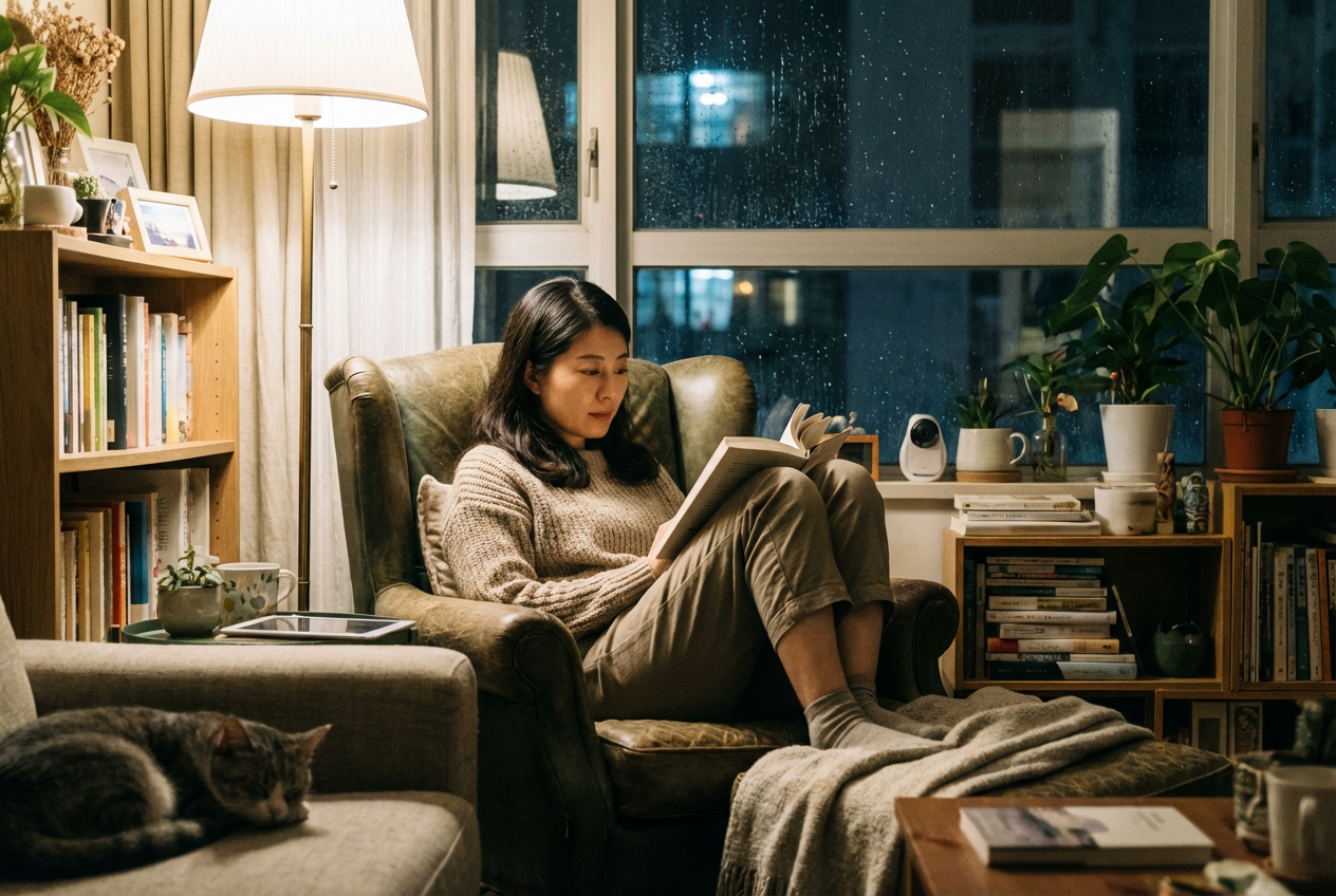 AI generated image using NANO_BANANA_PRO: A woman in her thirties alone at home, reading a book at night (Asian, realistic...