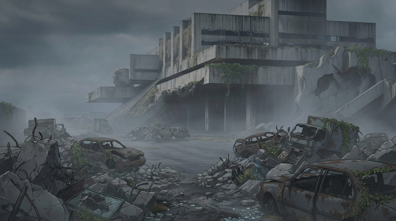 AI generated image using NANO_BANANA_PRO: A small industrial city shrouded in mist, the ground covered with construction d...