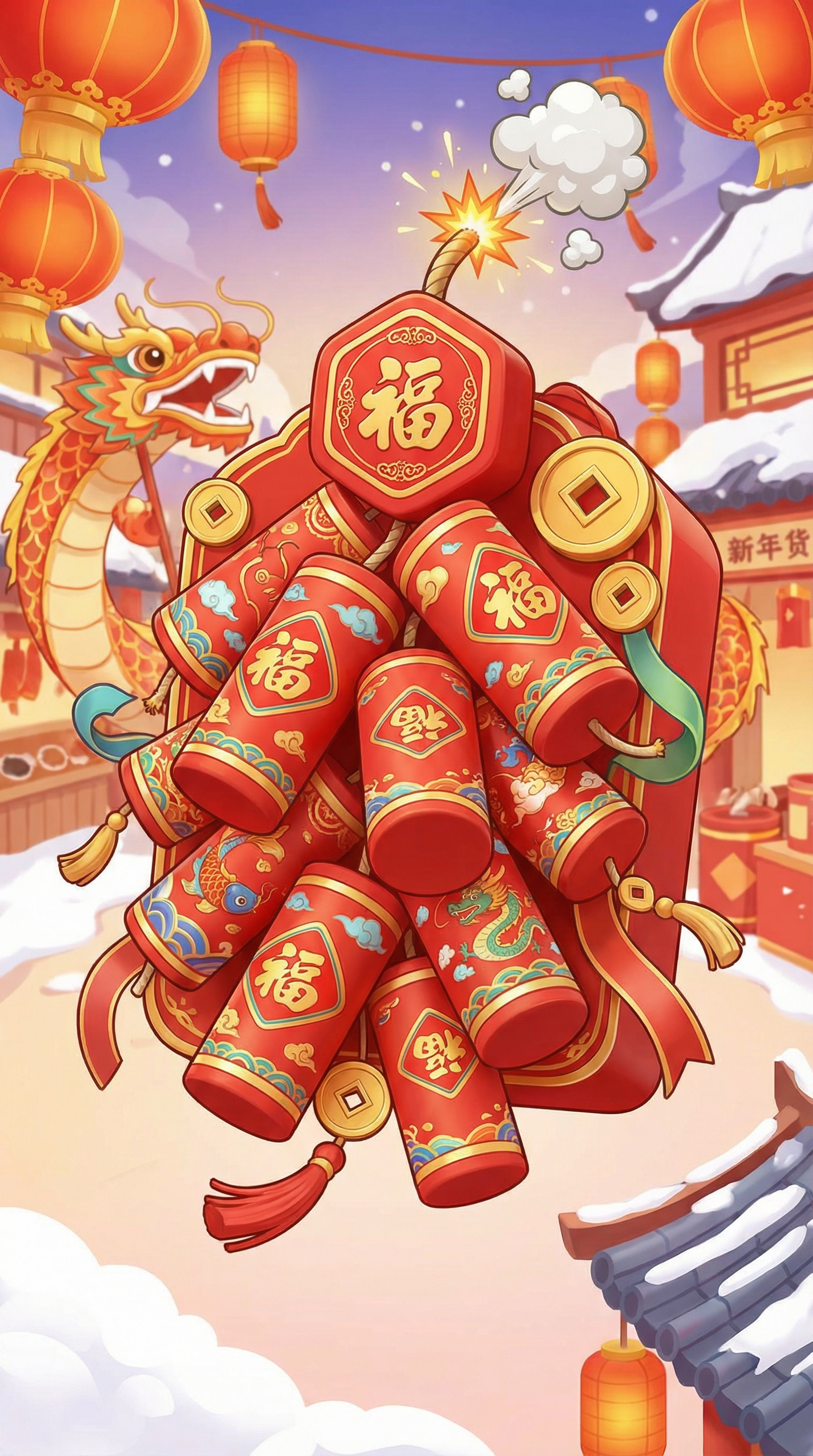 AI generated image using NANO_BANANA_PRO: 3D cartoon-style red firecracker-shaped gifts, primarily in festive red, featuri...