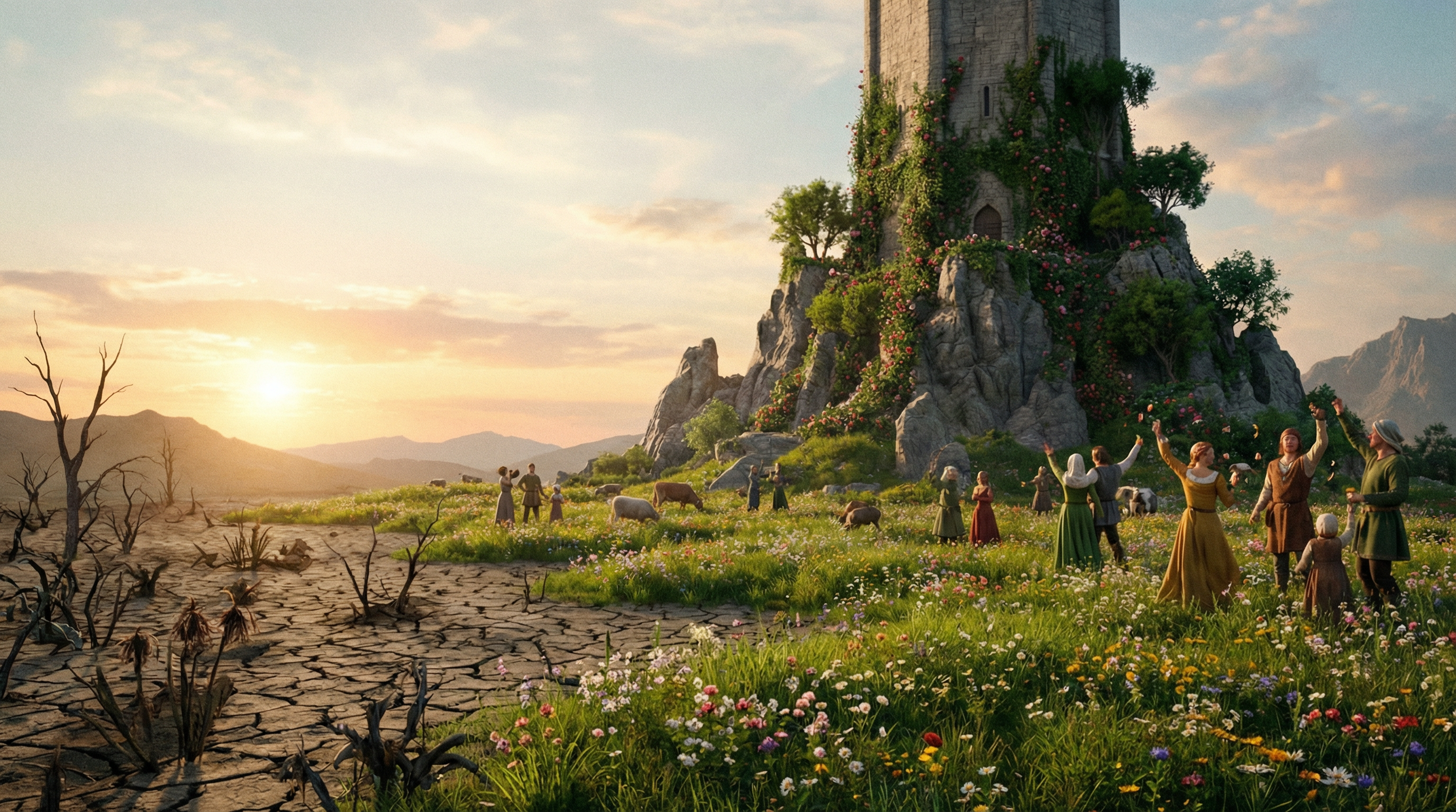 AI generated image using NANO_BANANA_PRO: A fantasy world set in the Middle Ages. A tower stands in the center, initially ...