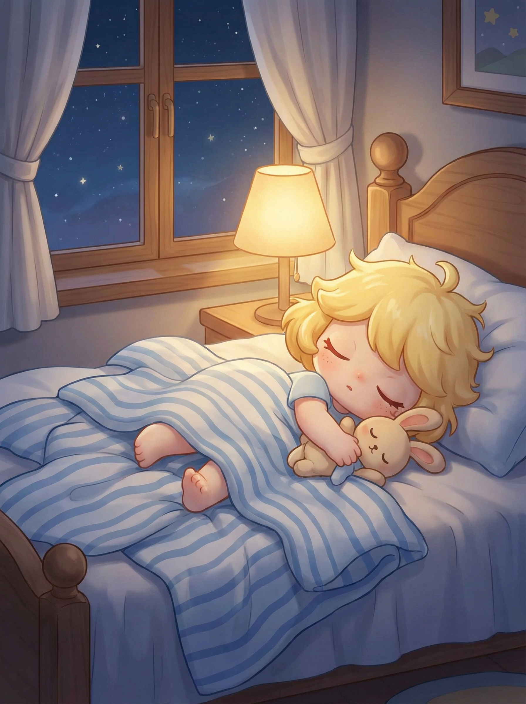 AI generated image using NANO_BANANA_PRO: The character from Figure 1 is sleeping in a large bed under a quilt, hugging a ...