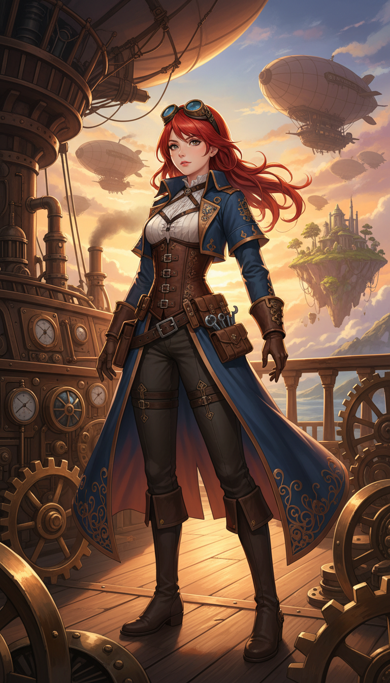 AI generated image using NANO_BANANA: Steampunk anime girl captain with goggles pushed up on her fiery red hair, weari...