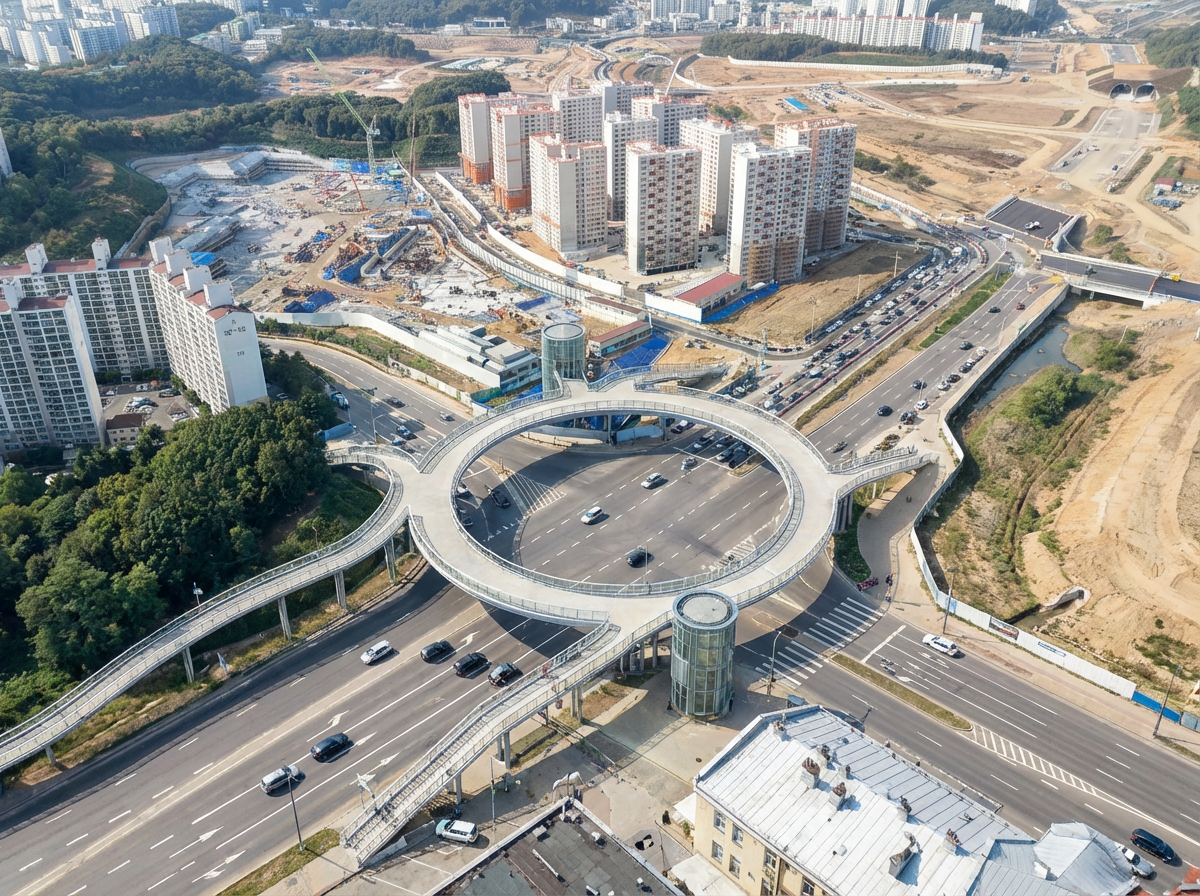 AI generated image using NANO_BANANA_PRO: Please represent it by adding a circular pedestrian bridge to the intersection i...