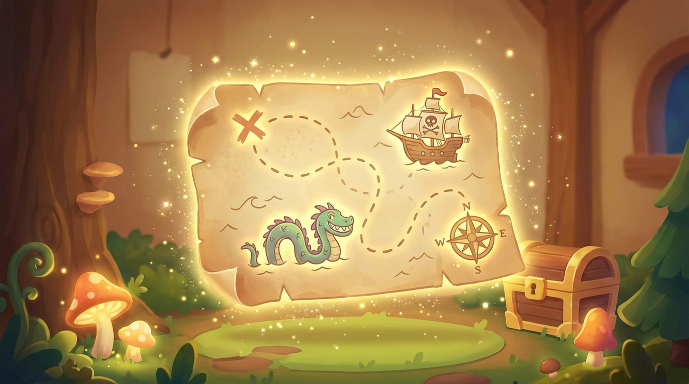 AI generated image using NANO_BANANA_PRO: A magical treasure map glowing and sparkling, kid-friendly cartoon style, floati...