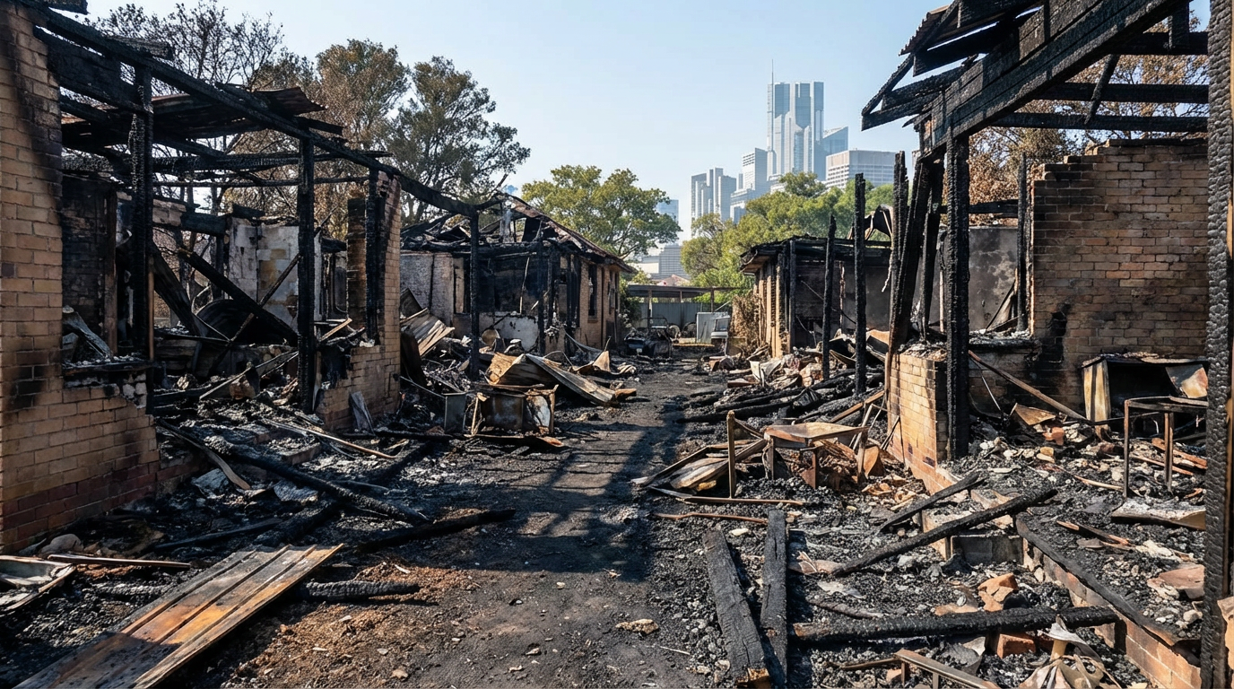 AI generated image using NANO_BANANA_PRO: Change the building in the picture into charred bungalow ruins.