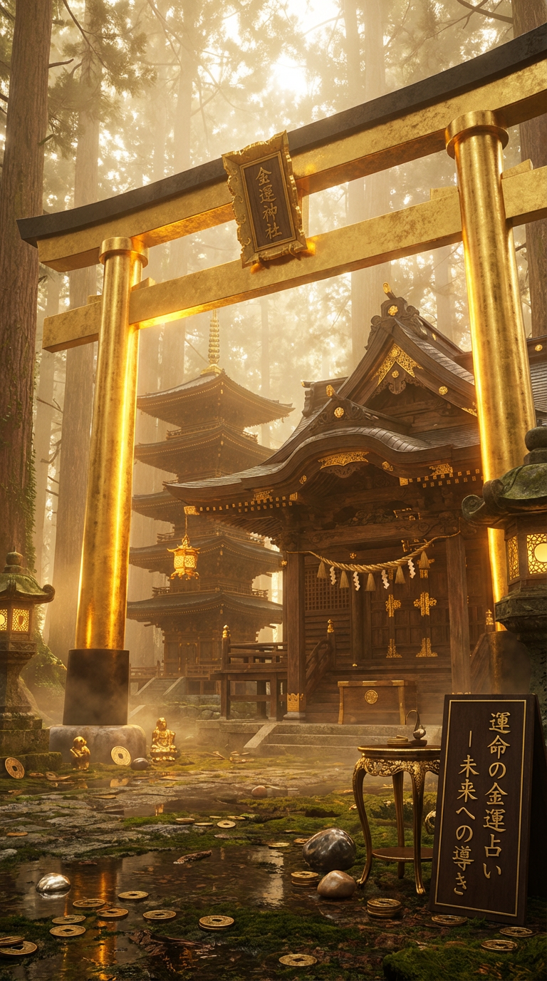AI generated image using NANO_BANANA_PRO: Photorealistic Shinto shrine glowing with radiant golden light, majestic golden ...